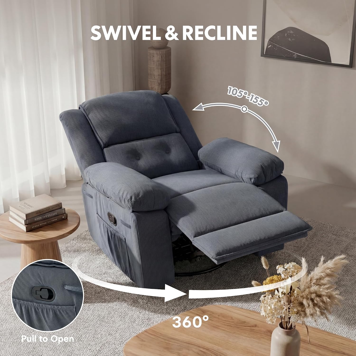 FLEXISPOT XRC2 360° Swivel Rocker Recliner for Adults, Rocking Glider Chair with Massage and Heat, Small Swivel Recliner for Living Room Bedroom Nursery, Blue Grey