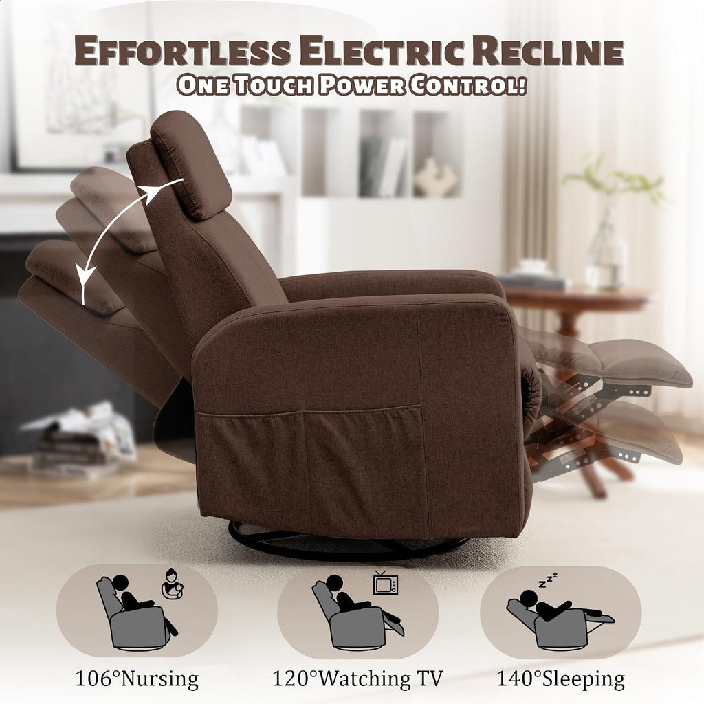 Korser Power Swivel Recliner Chairs for Adults, Electric Glider Rocking Chair Nursery, Glider Recliner Nursery Chair with Classified Side Pocket, Nursery Rocking Chairs with USB and Type-C Ports