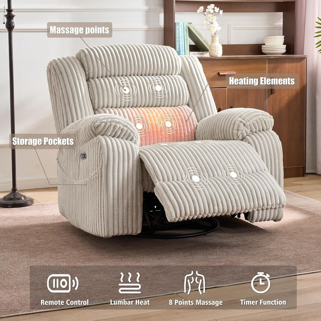 SINCRUMI Power Swivel Rocker Recliner Chair for Adults with Massage and Heat, USB and Type-C Charging Port, Infinite Position, Electric Glider Rocking Chairs for Living Room, Nursery, Pale Grey
