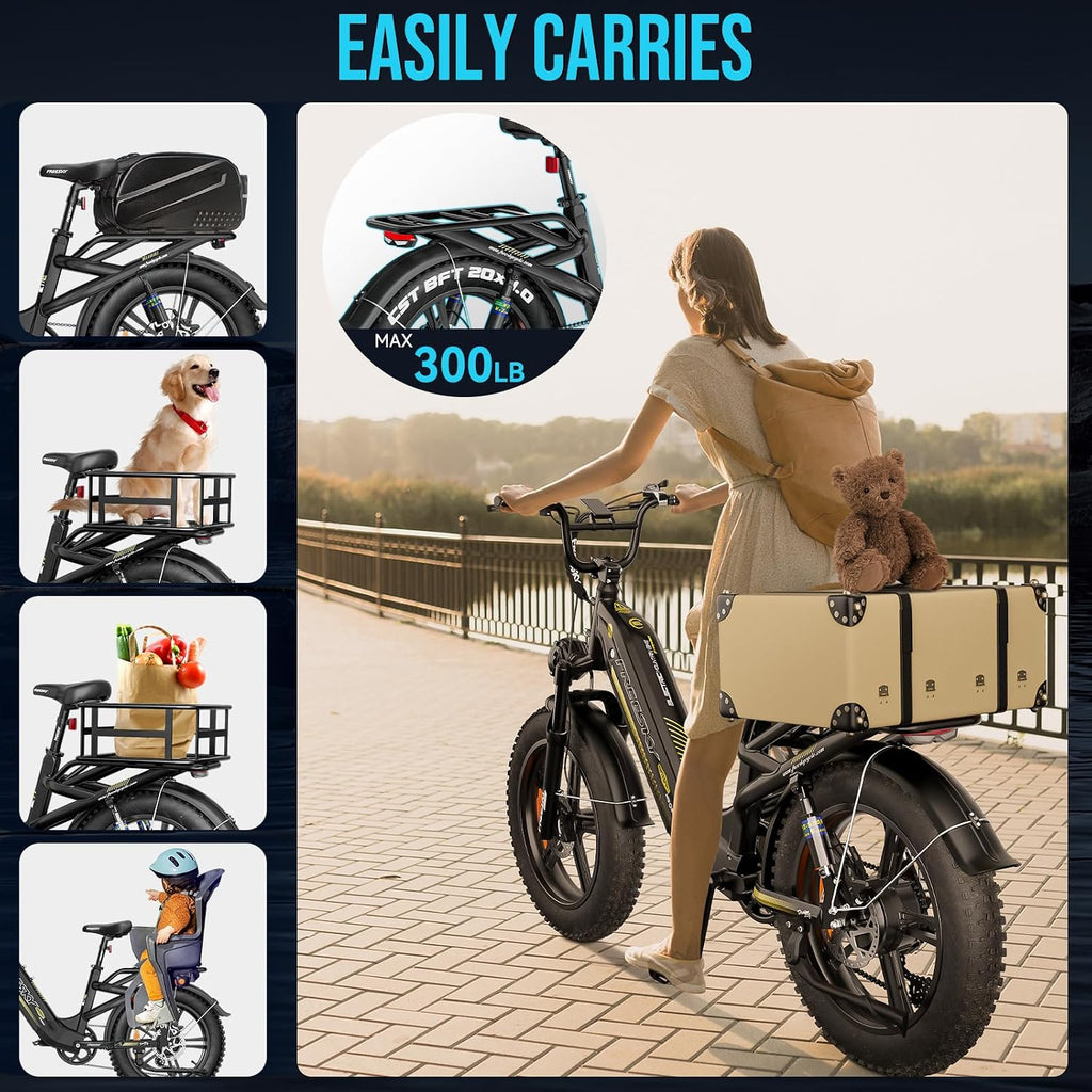 FREESKY 2026 Upgraded Rocky Pro Torque Sensor Electric Bike for Adults, 48V 25Ah Samsung Cells Battery, 105 Miles Range, 33MPH Fat Tire Step-Thru E Bike, 20' Full Suspension Cargo Bicycles, 8-Speeds