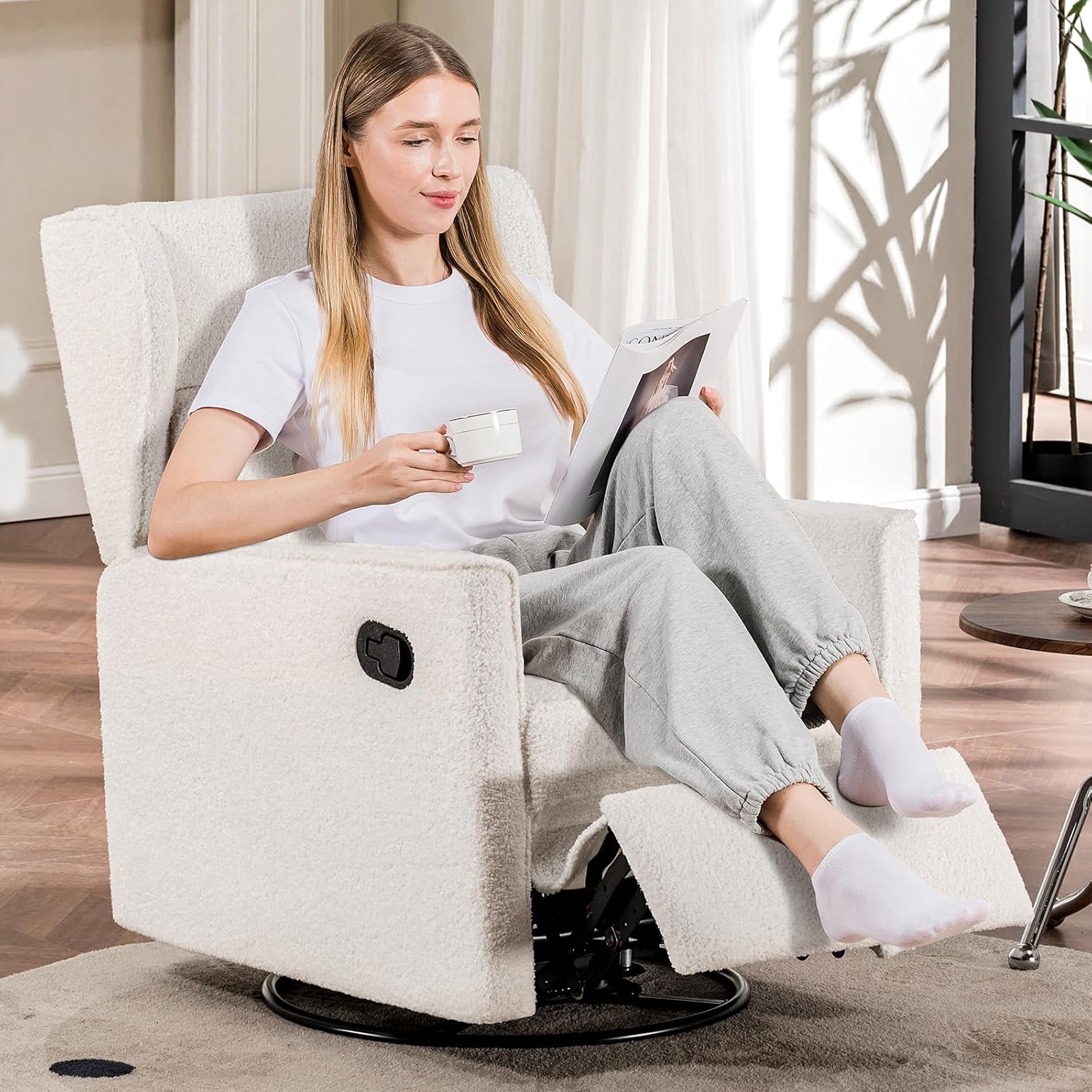 COMHOMA Nursery Rocking Chair Teddy Upholstered Swivel Rocker Recliner Manual Glider Reclining Chair for Living Room Bedroom Offices (Beige,1 PCS)