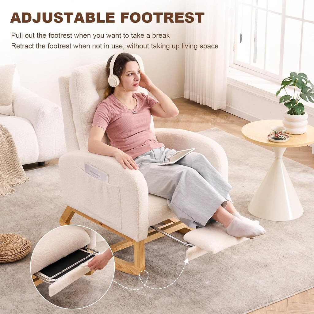 Nursery Rocking Chair,Rubber Wood Base Glider Rocking Chair with Adjustable Footrest and Side Pocket,Teddy Fleece Glider Rocker for Living Room, Bedroom (Teddy Fleece, Beige White)