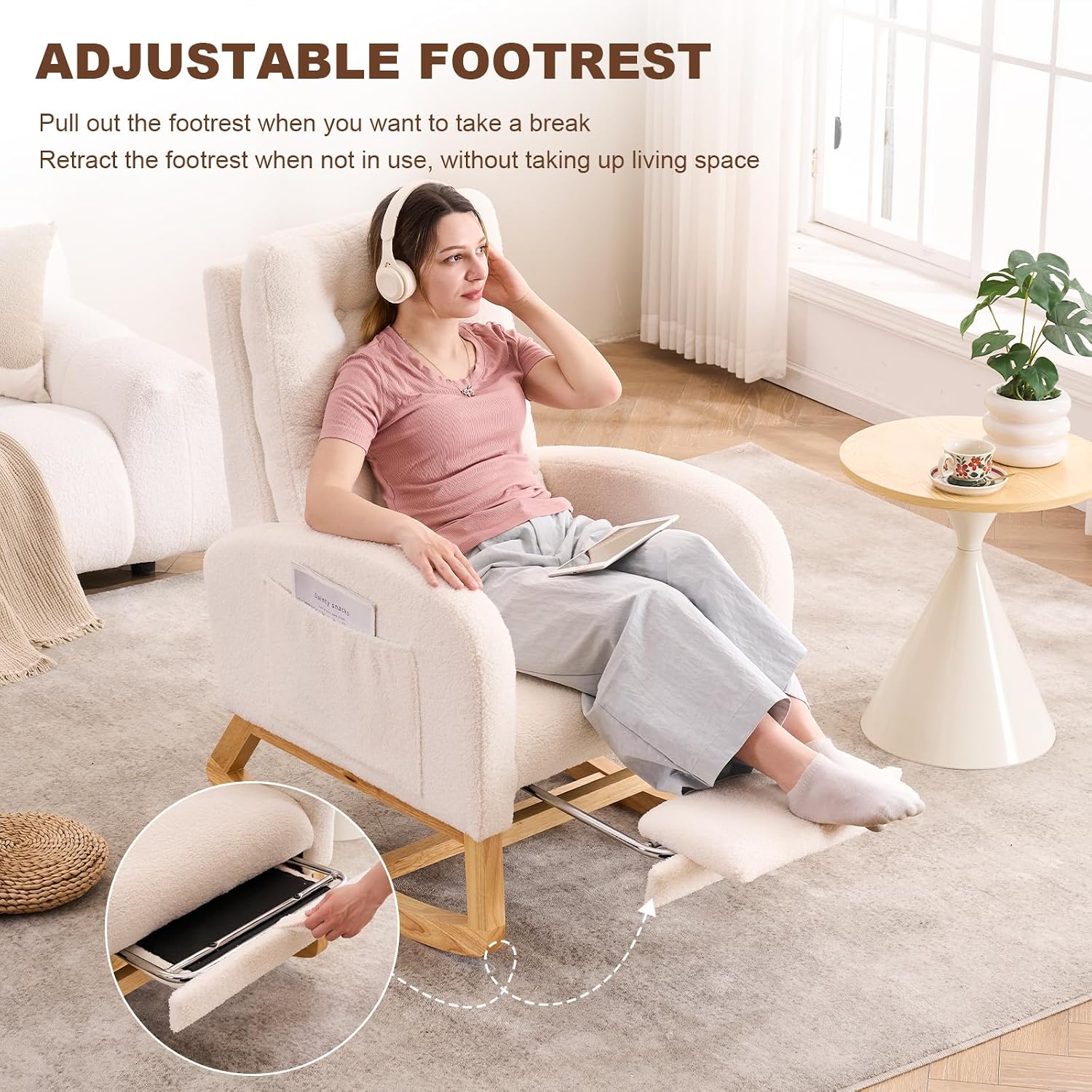 Nursery Rocking Chair,Rubber Wood Base Glider Rocking Chair with Adjustable Footrest and Side Pocket,Teddy Fleece Glider Rocker for Living Room, Bedroom (Teddy Fleece, Beige White)