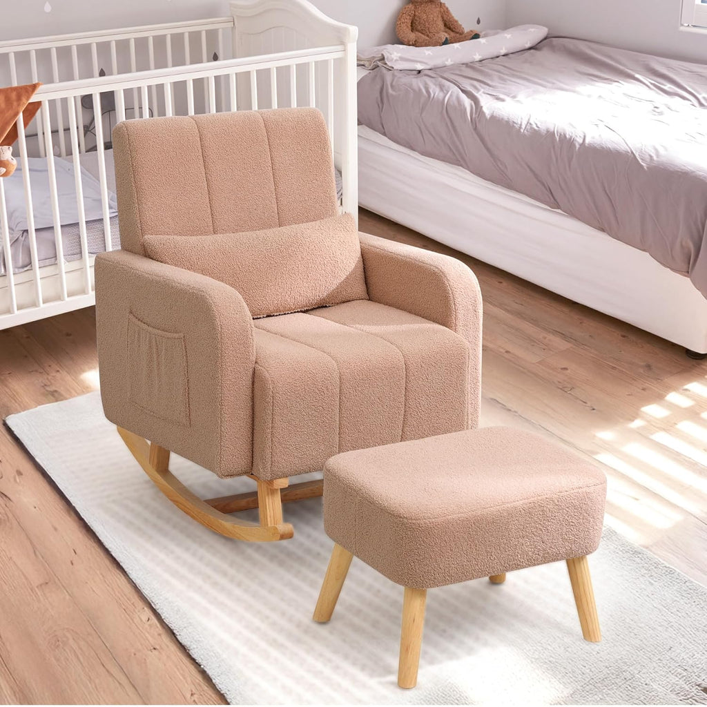 HCHAIRH Rocking Nursery Chair with Ottoman, Upholstered Glider Rocker with Side Pocket, Comfy Reading Chair with Solid Wood Legs for Nursery, Living Room,Bedroom, Coffee