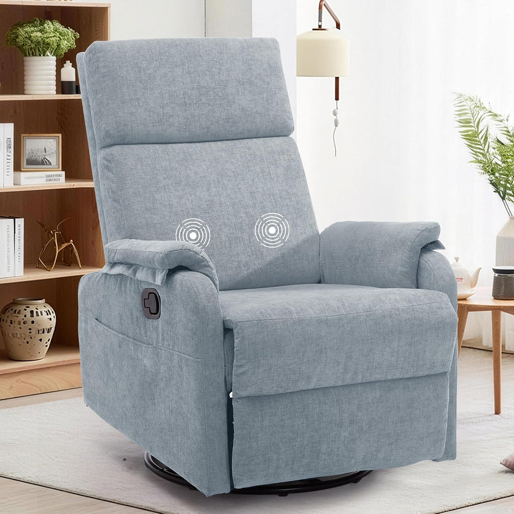 Korser Swivel Rocking Recliner with Massage, Small Glider Chair for Nursery, Modern-Designed Armrests Chair for Adults Living Room, Chenille, Blue