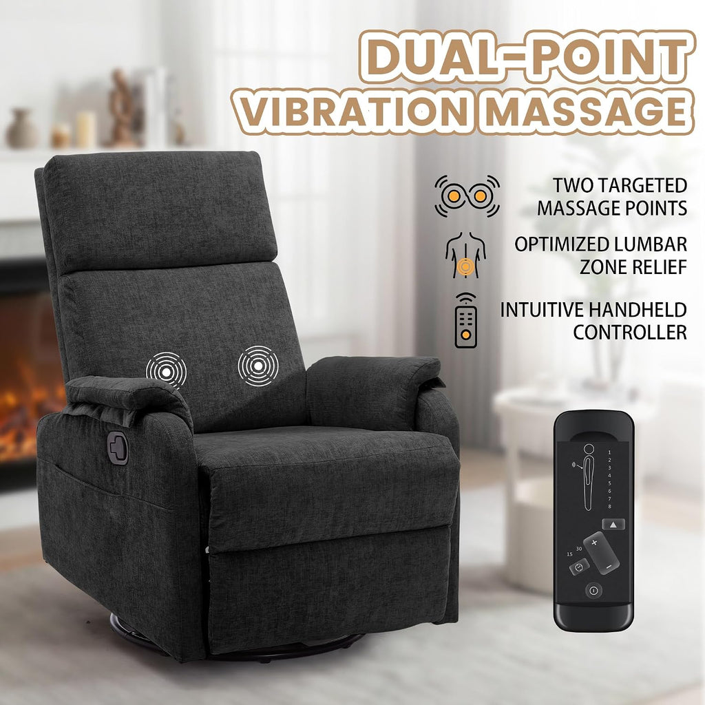 Korser Swivel Rocking Recliner with Massage, Small Glider Chair for Nursery, Modern-Designed Armrests Chair for Adults Living Room, Chenille, Black