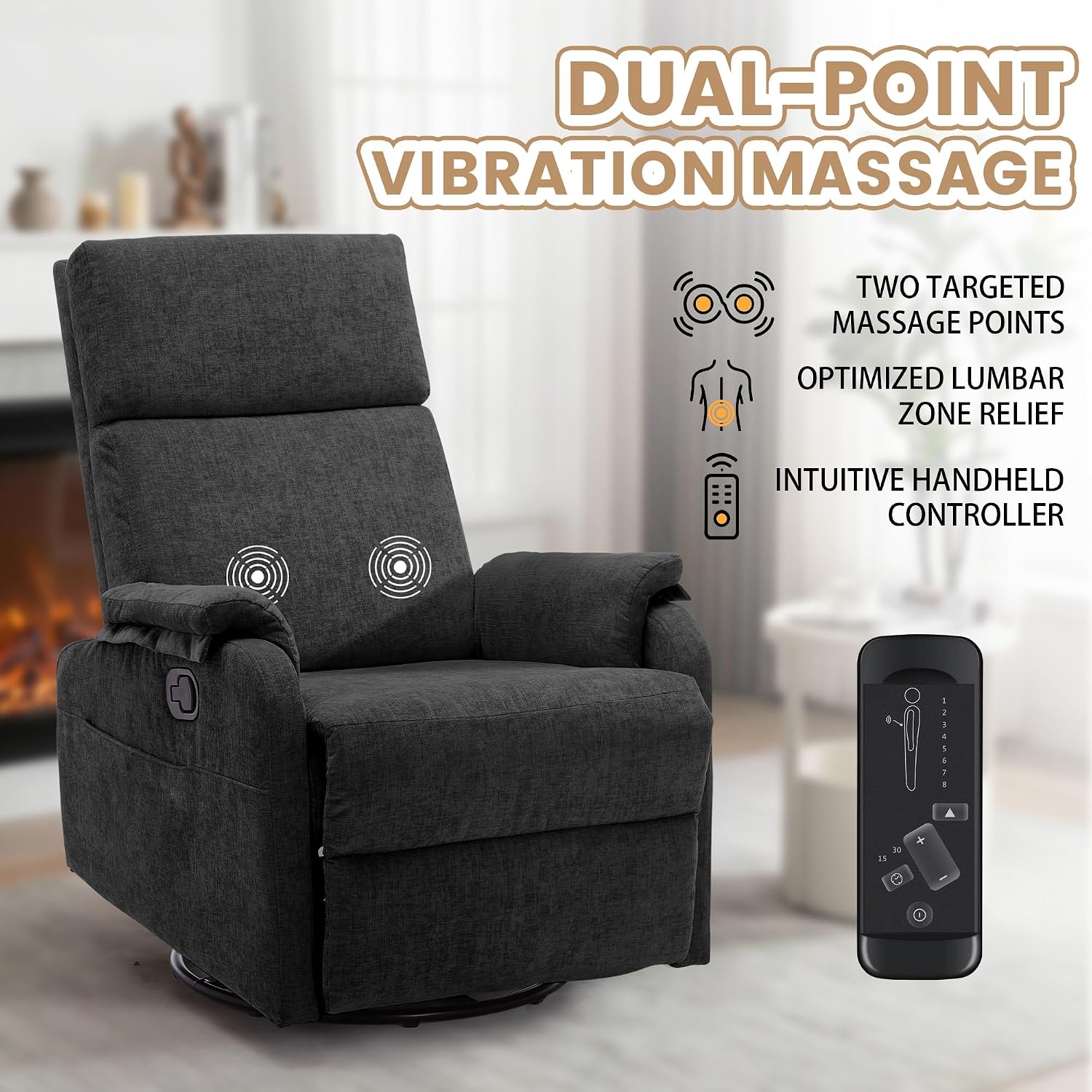 Korser Swivel Rocking Recliner with Massage, Small Glider Chair for Nursery, Modern-Designed Armrests Chair for Adults Living Room, Chenille, Black