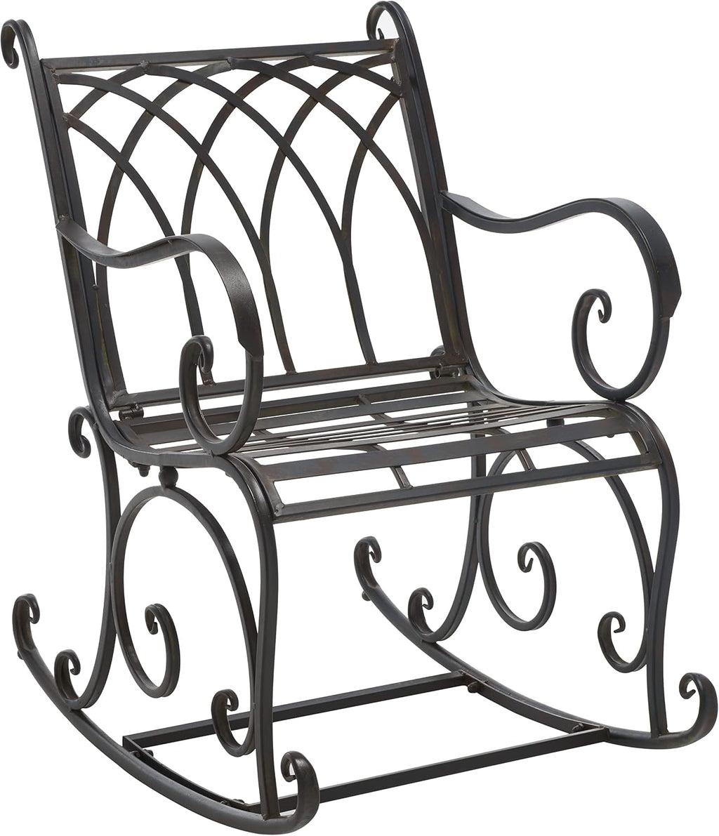 SAFAVIEH Outdoor - Medrano Iron Rocking Chair - Black Rust Iron Metal - Vintage Ornate Scrollwork Design - Ideal for Patio, Deck, Porch, Garden, 15' Seat Height (PAT5030E)