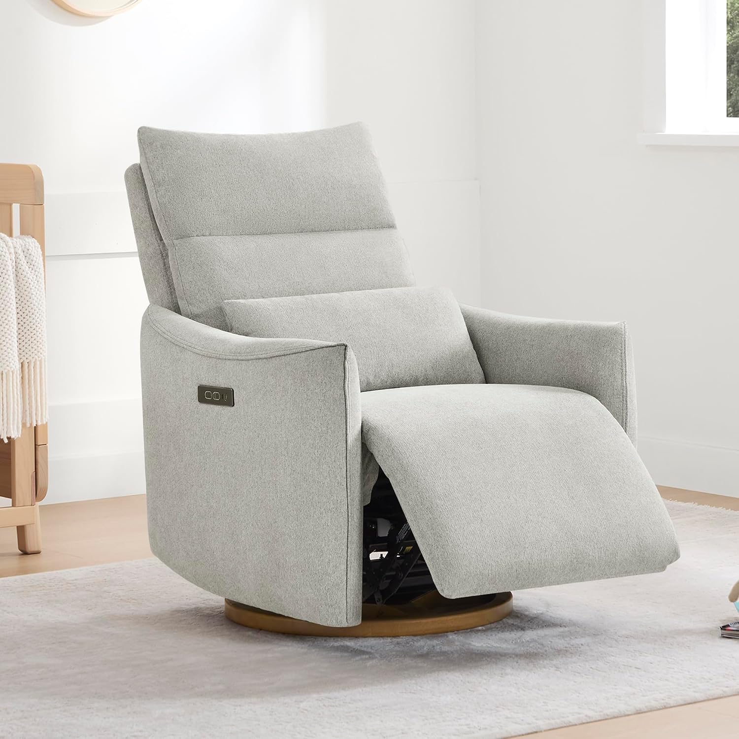 CHITA Swivel Rocker Recliner Chair, Power Nursery Glider Recliner, Nursery Rocking Chair with Adjustable Power Headrest, FSC Certified, Solid Wood Base, Crockery (Gray)