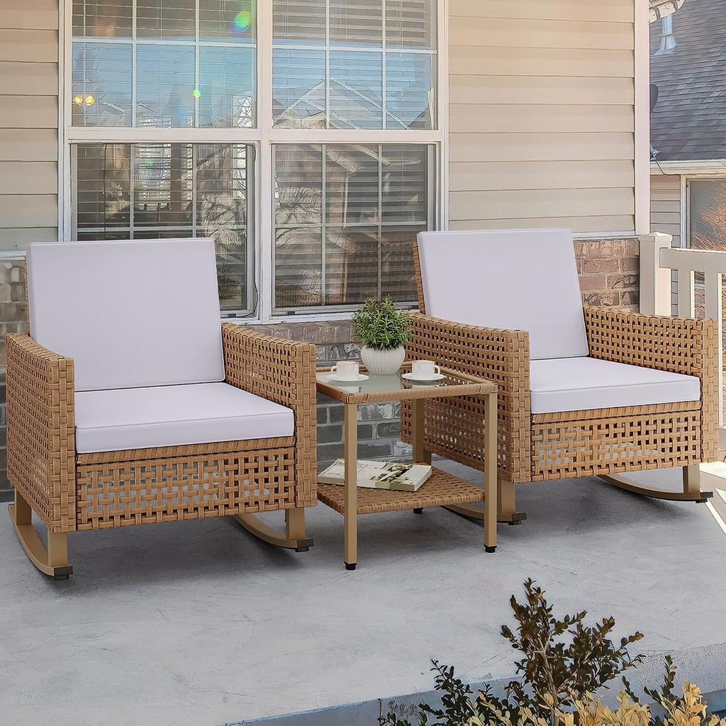 YITAHOME 3 Pieces Patio Wicker Rocking Chair Set, Outdoor Patio Furniture Set with Rattan Side Table, Thickened Cushions, Rocker Patio Chairs Set for Porch, Poolside, and Yard, Beige