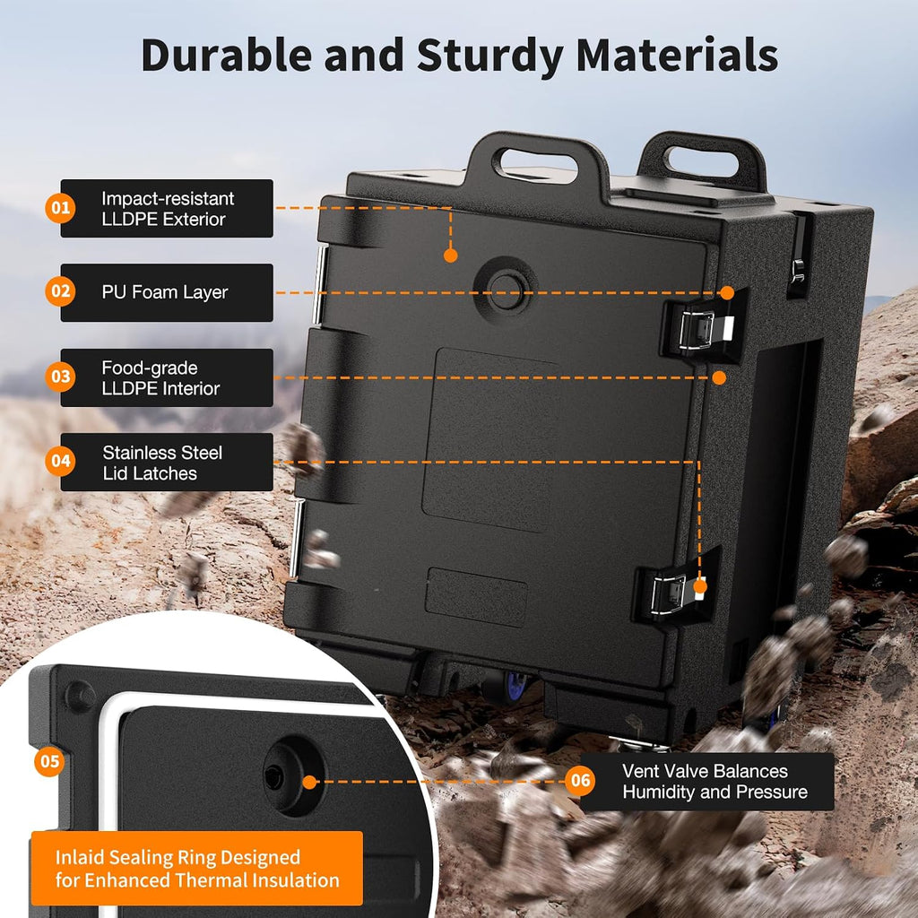 NEEDONE Food Warmer, 81 Qt LLDPE Insulated Food Pan Carrier for Hot/Cold Food, w/Double Buckles, Lockable Wheels, Handles, Stackable Design, Commercial Thermal Hot Box for 5 Full-Size Pans