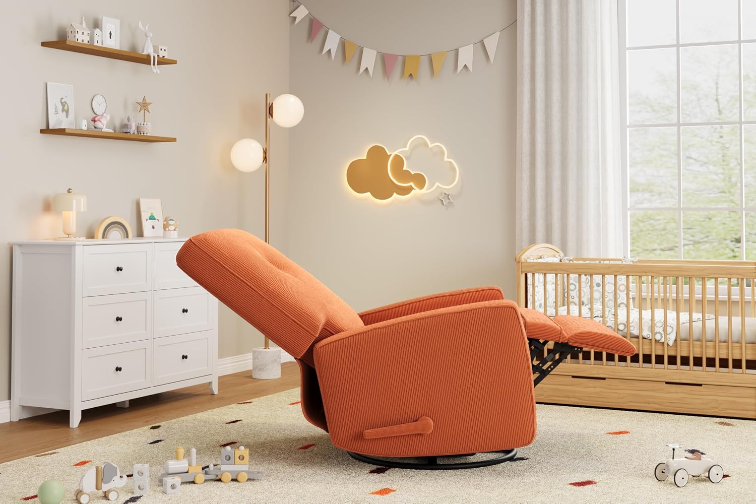 IDEALHOUSE Recliner Chair, 360° Swivel Rocking Glider Chair for Adults with Adjustable Backrest & Footrest, Cozy Corduroy Upholstered Armchair for Living Rooms, Bedrooms, Apartments, Orange