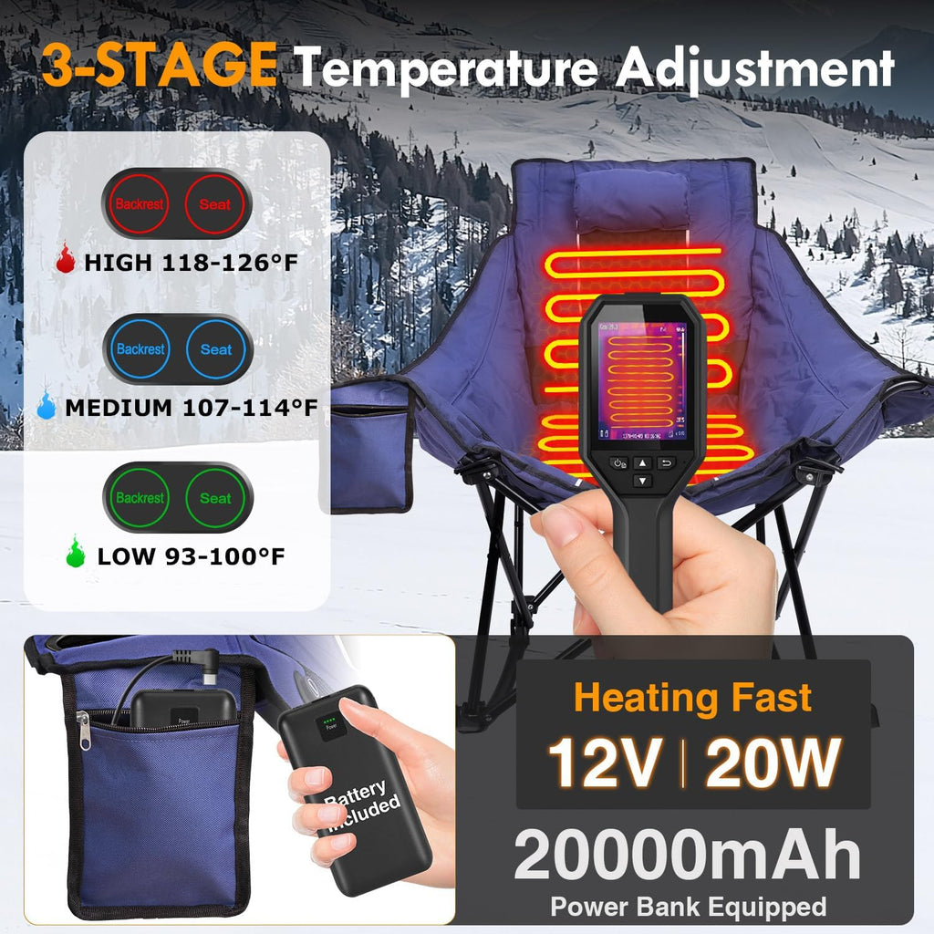 Slendor Oversized Heated Camping Chair with 2000mAh Battery, Padded & Pillow Heated Rocking Chair, 3 Adjustable Heat Settings Camping Rocker Chair for Easy Setup and Foldable Storage