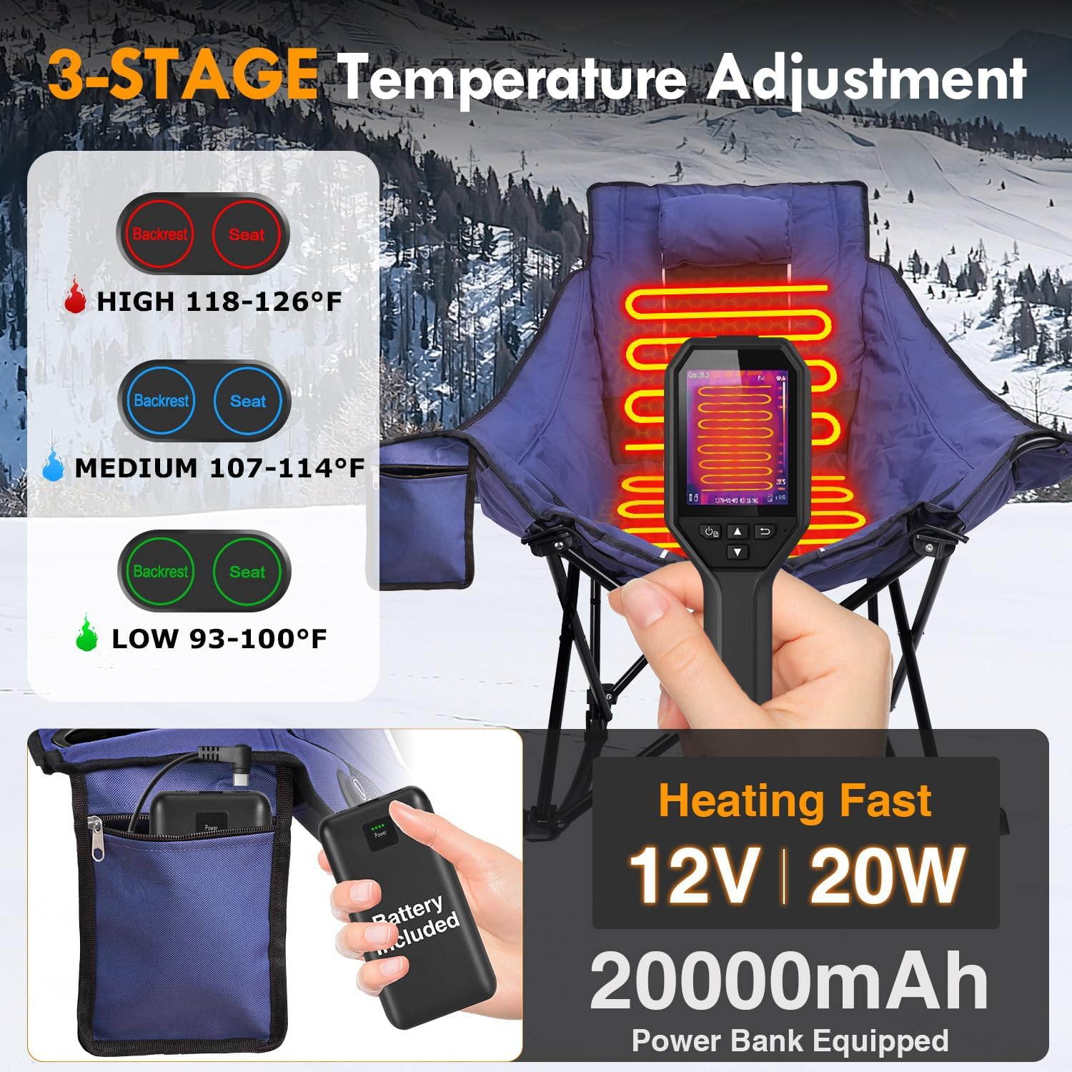 Slendor Oversized Heated Camping Chair with 2000mAh Battery, Padded & Pillow Heated Rocking Chair, 3 Adjustable Heat Settings Camping Rocker Chair for Easy Setup and Foldable Storage