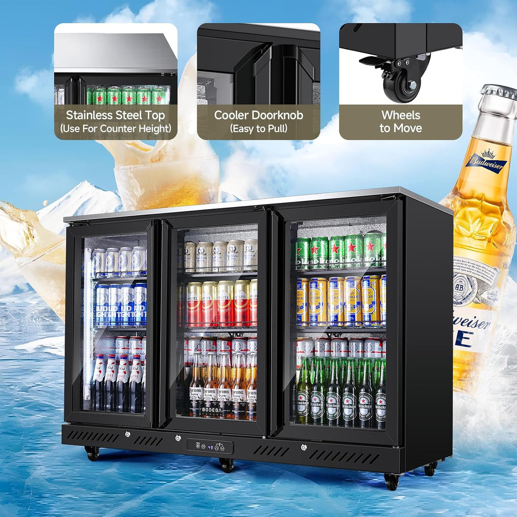 BODEGACOOLER Commercial Bar Cooler With 3 Glass Doors,12 Cu.Ft Counter Height Back Beverage Refrigerator,Display Bar Fridge with LED Lighting,Beverage Cooler for Beer Stainless Steel Top,With Casters