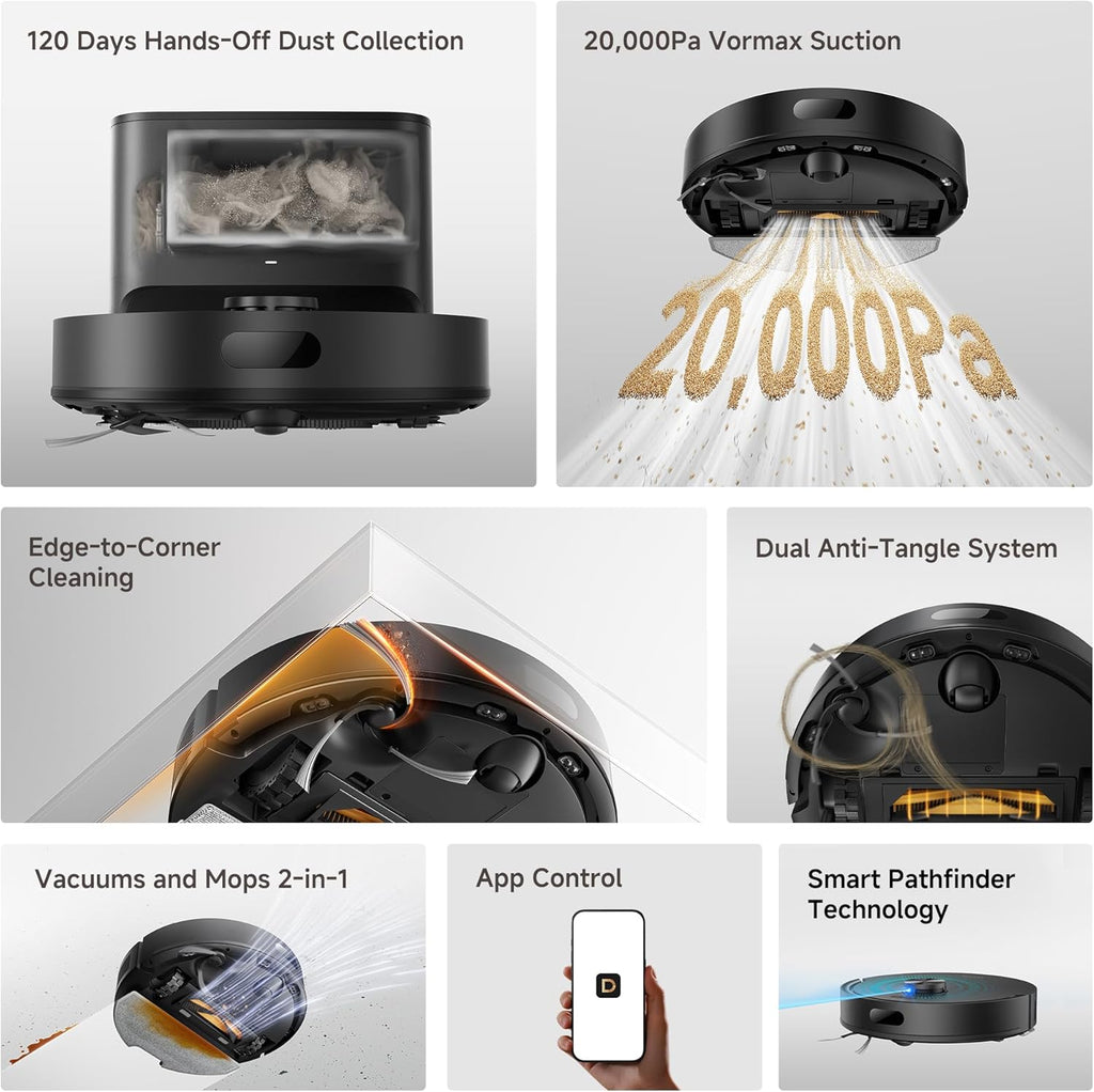 DREAME D20 Air Plus Robot Vaccum and Mop Combo with 20,000Pa Suction, Anti-Tangling Tech, Auto-Emptying Dock, Deep Carpet Cleaning and Smart Navigation Black