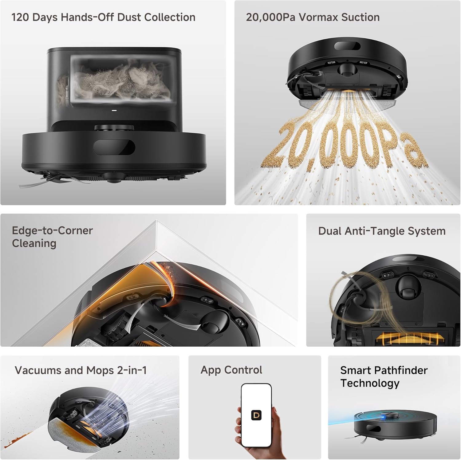 DREAME D20 Air Plus Robot Vaccum and Mop Combo with 20,000Pa Suction, Anti-Tangling Tech, Auto-Emptying Dock, Deep Carpet Cleaning and Smart Navigation Black