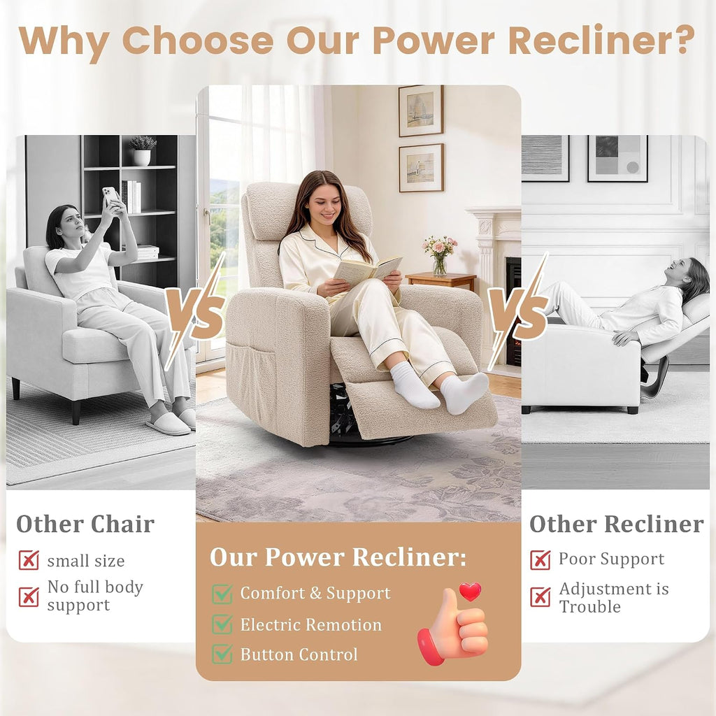 Korser Power Swivel Recliner Chairs for Adults, Electric Glider Rocking Chair Nursery, Glider Recliner Nursery Chair with Classified Side Pocket, Nursery Rocking Chairs with USB and Type-C Ports