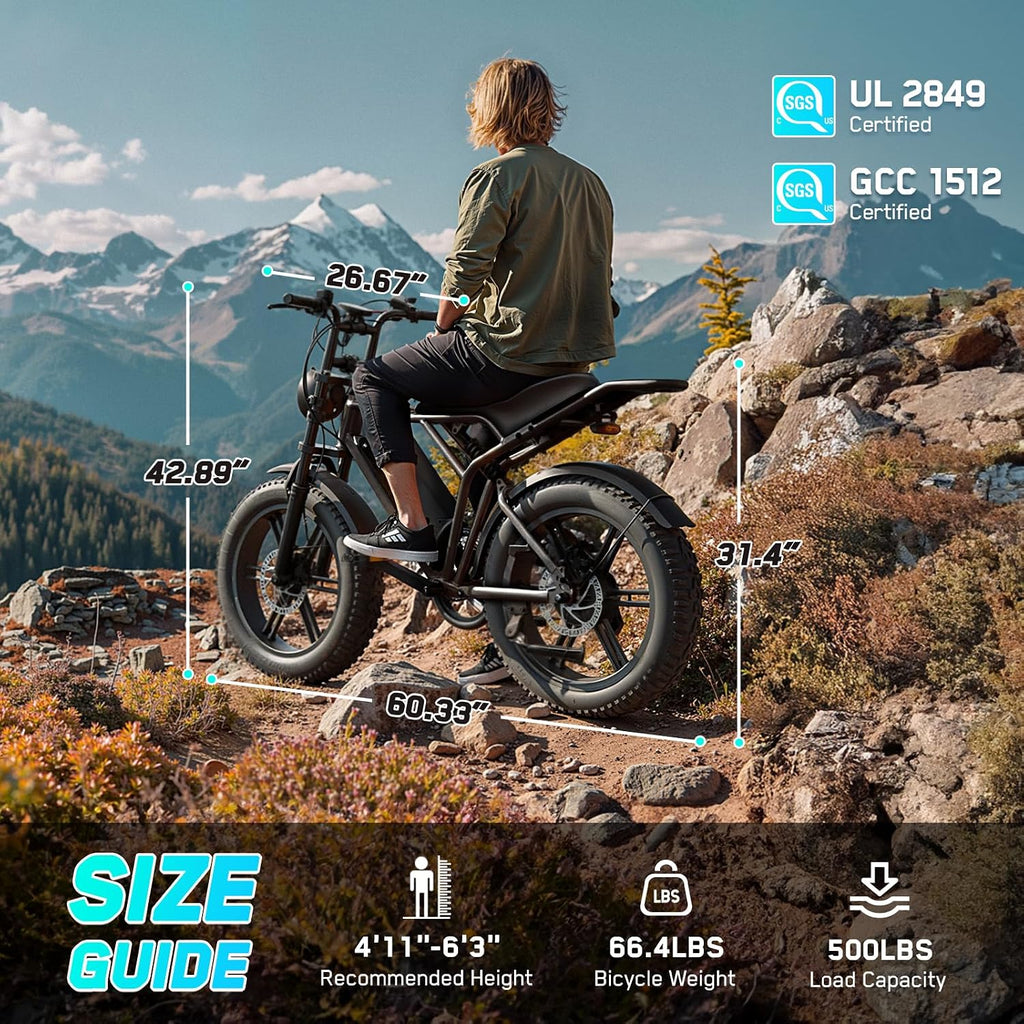 TST Electric Bike for Adults, 1500W Peak Motor 60 Miles Fat Tire Ebike with 48V 15Ah Removable Battery 20' Fat Tire Electric Bike, Full Suspension and 7-Speed