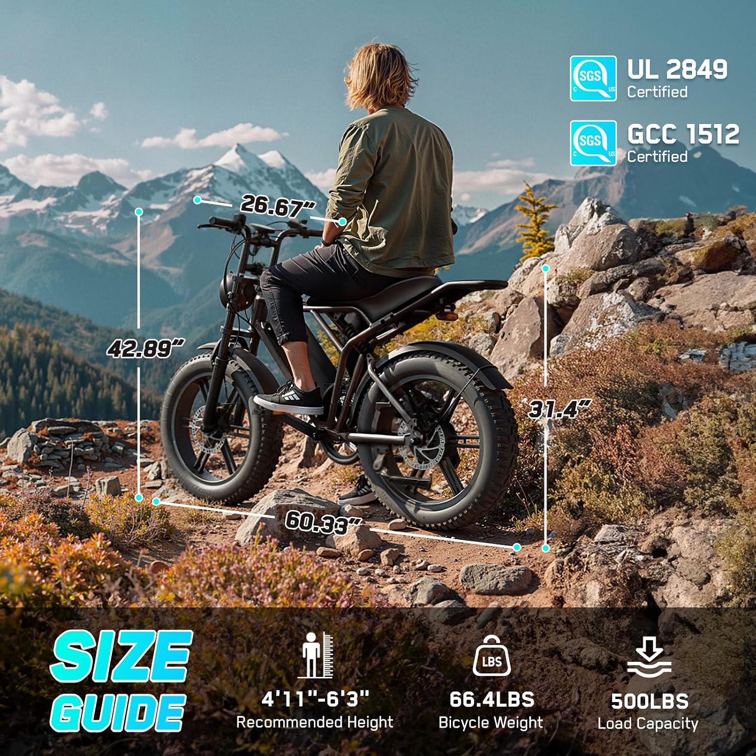 TST Electric Bike for Adults, 1500W Peak Motor 60 Miles Fat Tire Ebike with 48V 15Ah Removable Battery 20' Fat Tire Electric Bike, Full Suspension and 7-Speed