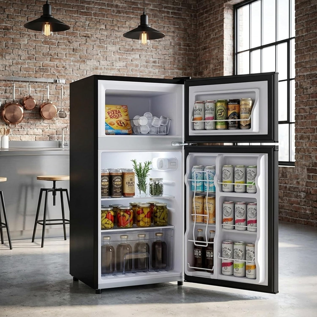 3.2 Cu.Ft Mini Fridge with Freezer, 2 Door Small Refrigerator with Adjustable Thermostat Energy-efficient Low Noise, Compact Fridge for Bedroom, Office, Dorm, Black