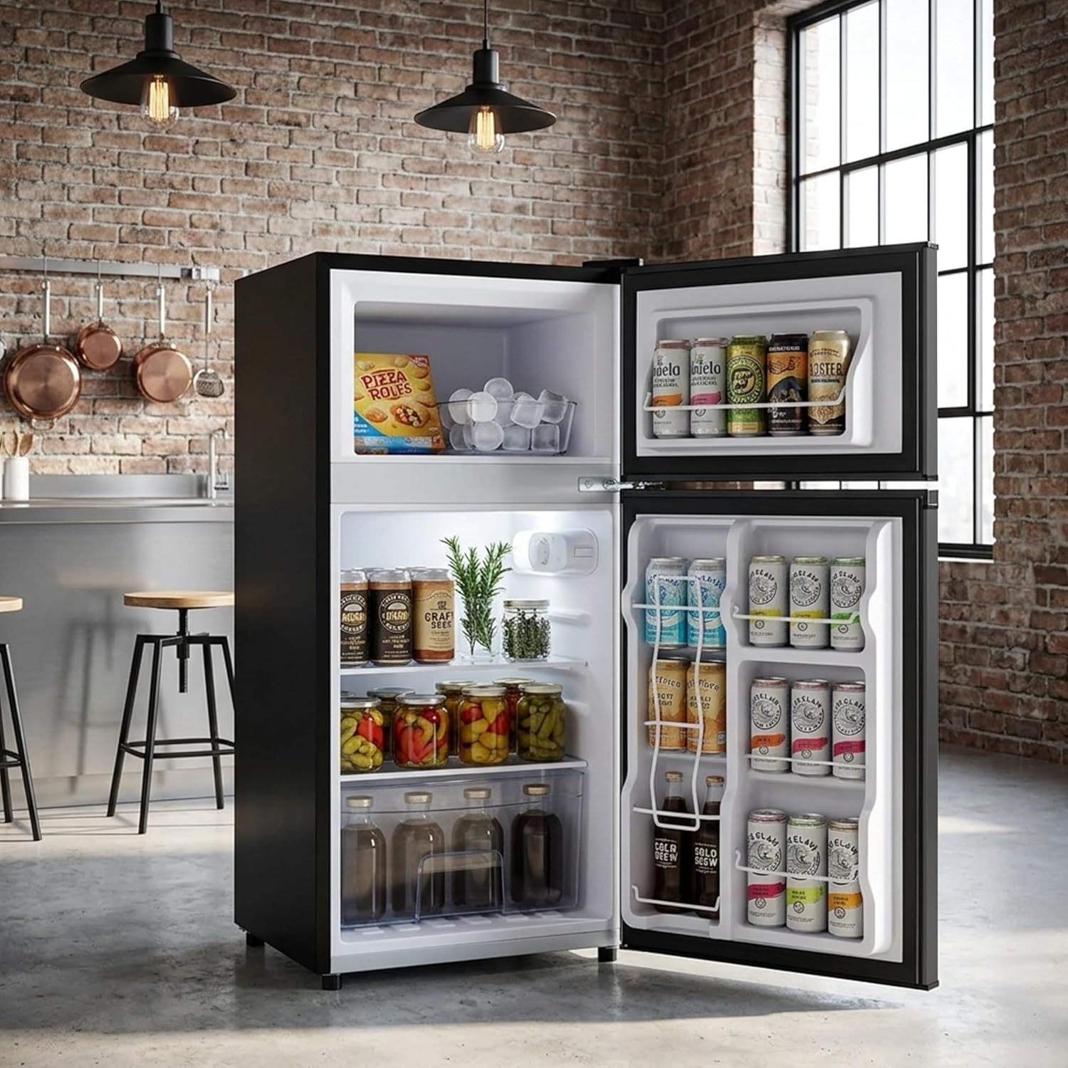3.2 Cu.Ft Mini Fridge with Freezer, 2 Door Small Refrigerator with Adjustable Thermostat Energy-efficient Low Noise, Compact Fridge for Bedroom, Office, Dorm, Black