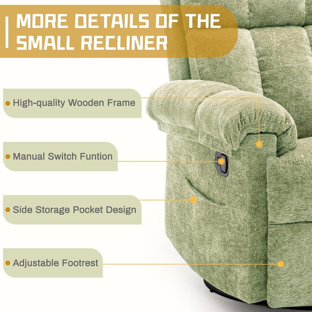 Korser Recliner Chair, Swivel Rocker Recliner Chair for Adults, Small Recliners for Small Spaces, Upholstered Manual Recliner with Side Pockets, Nursery Rocking Chair for Living Room, Chenille, Green