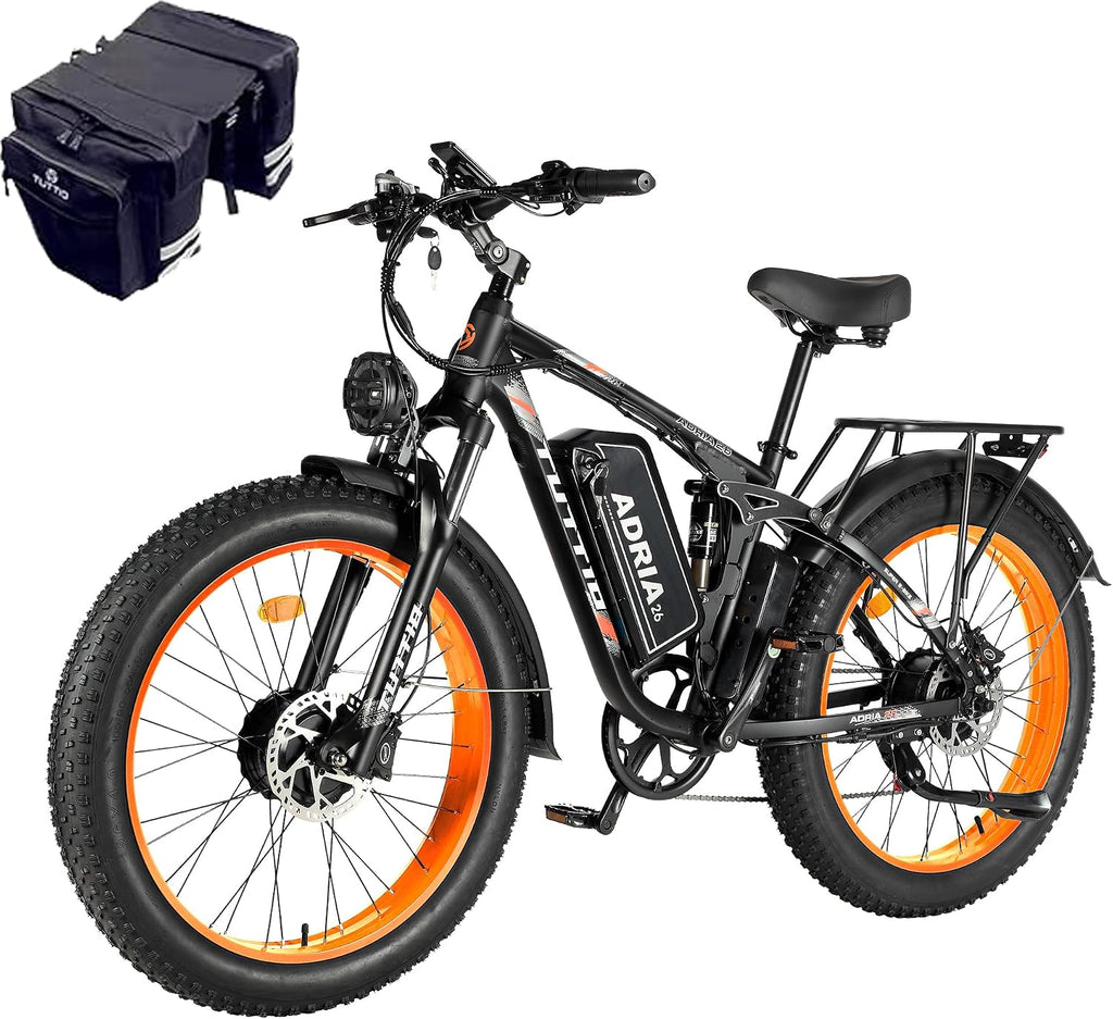TUTTIO Adria26 5000W/6000W Dual Motor Ebike, 40-46MPH Electric Bike for Adults, 26' x 4' Fat Tire Electric Mountain Bike, 52V 25AH E-Bike Full Suspension Electric Dirt Bike for Off-Road Hunting