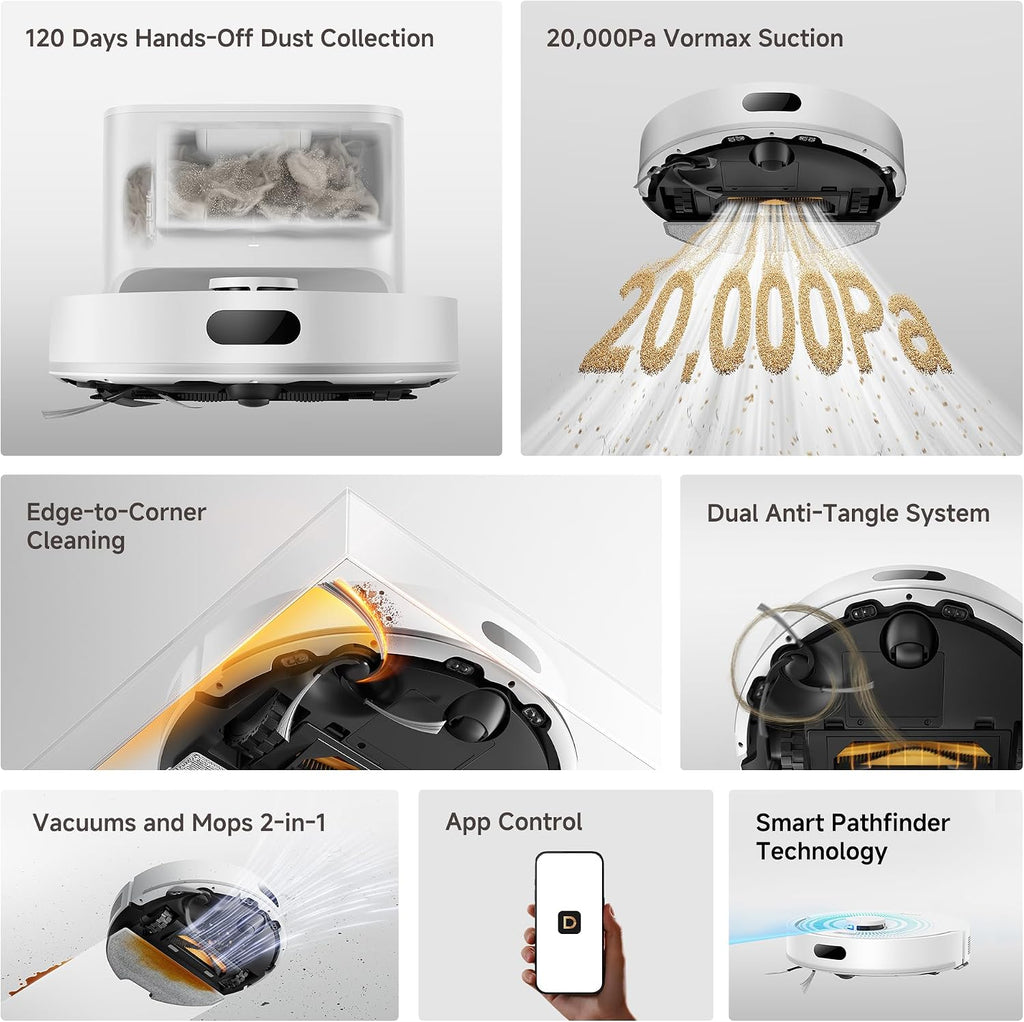 DREAME D20 Air Plus Robot Vac and Mop Combo with 20,000Pa Suction, Anti-Tangling Tech, Auto-Emptying Dock, Deep Carpet Cleaning and Smart Navigation White