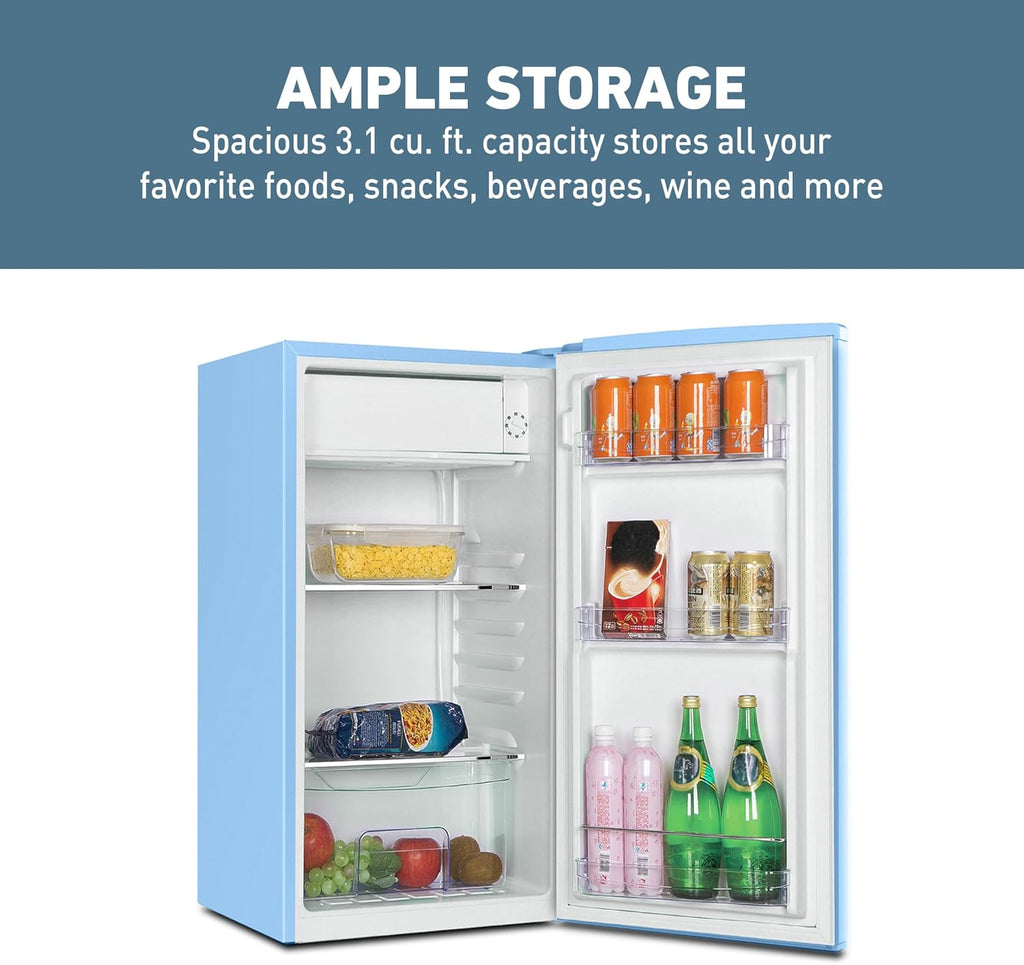 West Bend Mini Fridge for Bedroom, Office, Bar or College Dorm Room, Retro Compact Refrigerator features single door, glass shelves and adjustable temperature control, 3.0-Cu.Ft., Robin's Egg Blue