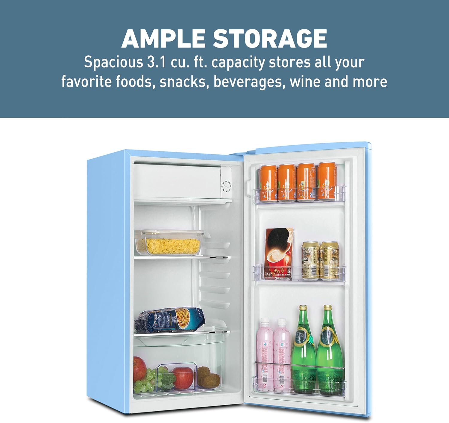West Bend Mini Fridge for Bedroom, Office, Bar or College Dorm Room, Retro Compact Refrigerator features single door, glass shelves and adjustable temperature control, 3.0-Cu.Ft., Robin's Egg Blue