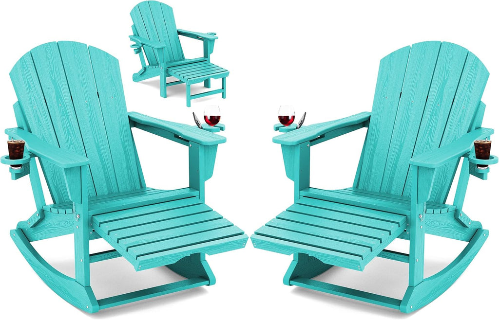 KINGYES Adirondack Rocking Chair Set of 2 with Retractable Ottoman and Cup Holders, HDPE Adirondack Rocker Patio Rocking Chair for Porch, Patio, Balcony, Aqua Blue