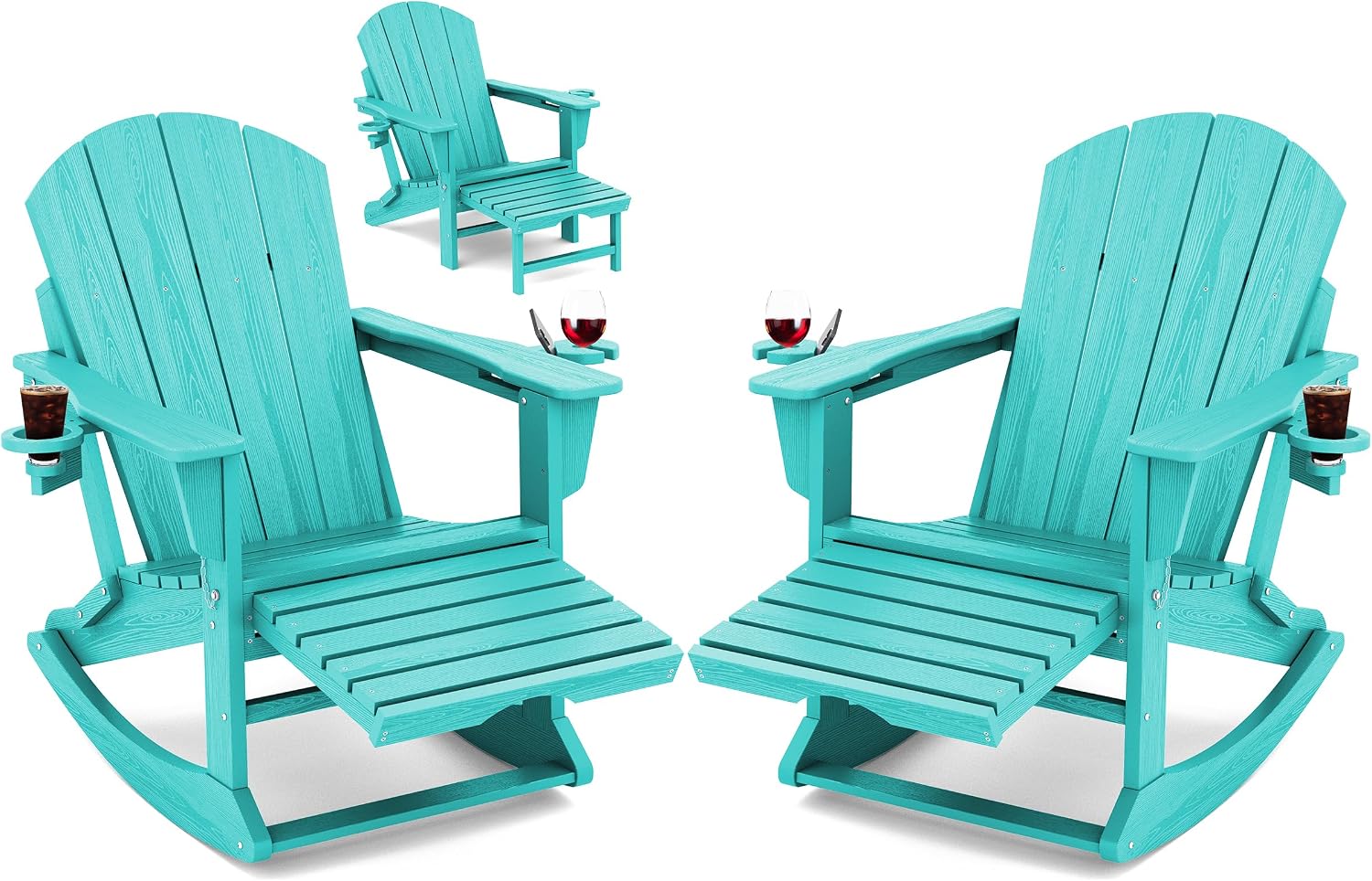 KINGYES Adirondack Rocking Chair Set of 2 with Retractable Ottoman and Cup Holders, HDPE Adirondack Rocker Patio Rocking Chair for Porch, Patio, Balcony, Aqua Blue