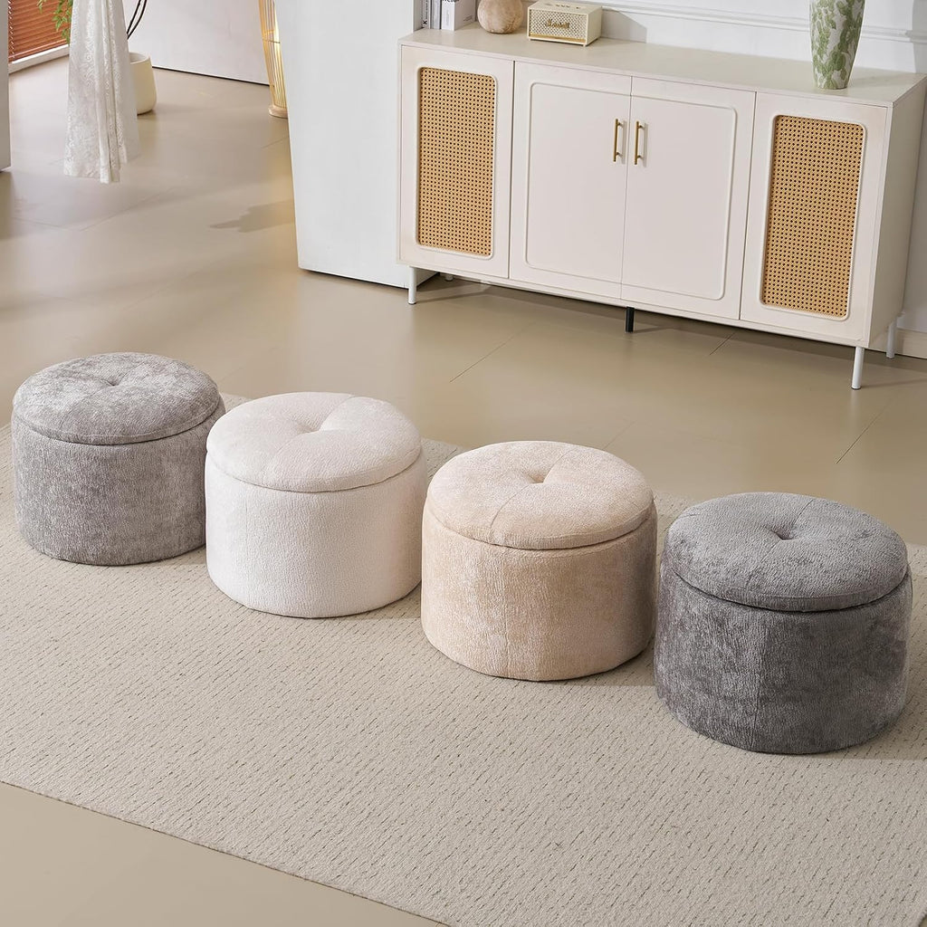 Modern Round Storage Ottoman, Chenille Ottoman Foot Stools, Ottoman Footstool with Removable Lid, Storage Ottoman for Living Room, Multi-Functional Footrest, White