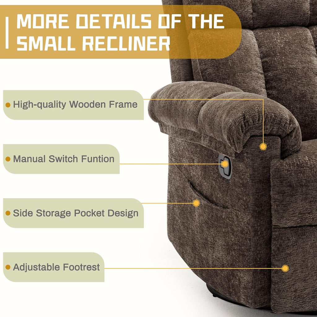 Korser Recliner Chair, Swivel Rocker Recliner Chair for Adults, Small Recliners for Small Spaces, Upholstered Manual Recliner with Side Pockets, Nursery Rocking Chair for Living Room, Chenille, Brown