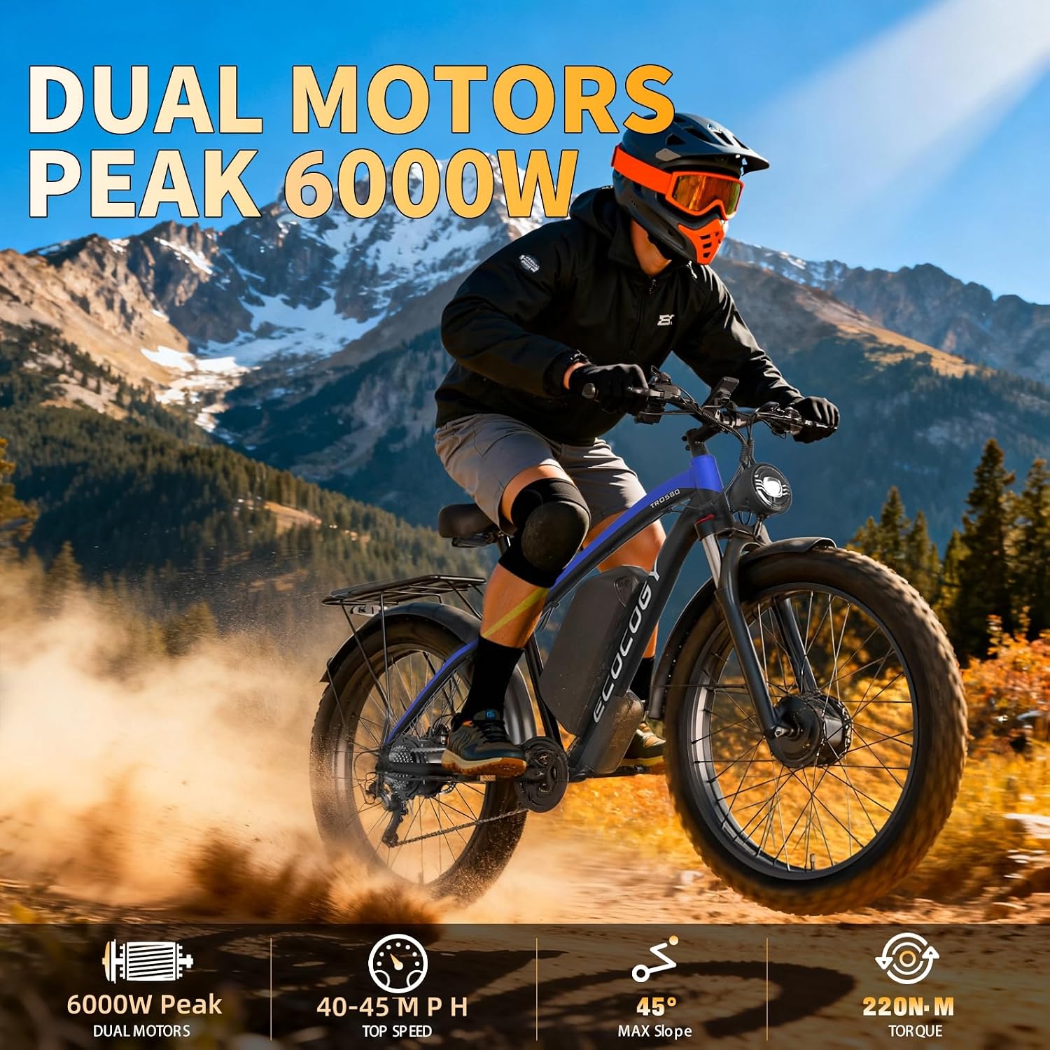 Dual Motor Electric Bikes for Adults, 6000W Peak Ebike, 52V 32Ah, Max 40-45 M P H &100 Miles E-Bike, Hydraulic Disc Brake, 26' Fat Tire Off Road Snow Mountain E-Bikes, 7-Speed Pedal Assist