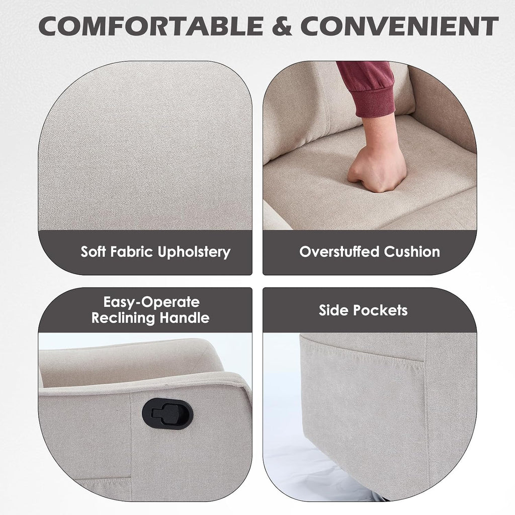 Trustyue Swivel Rocker Recliner Chair, 360° Swivel Recliner with Heat and Massage, Rocker Recliner Nursery Glider Chair with Side Pockets for Living Room (Beige, Fabric)