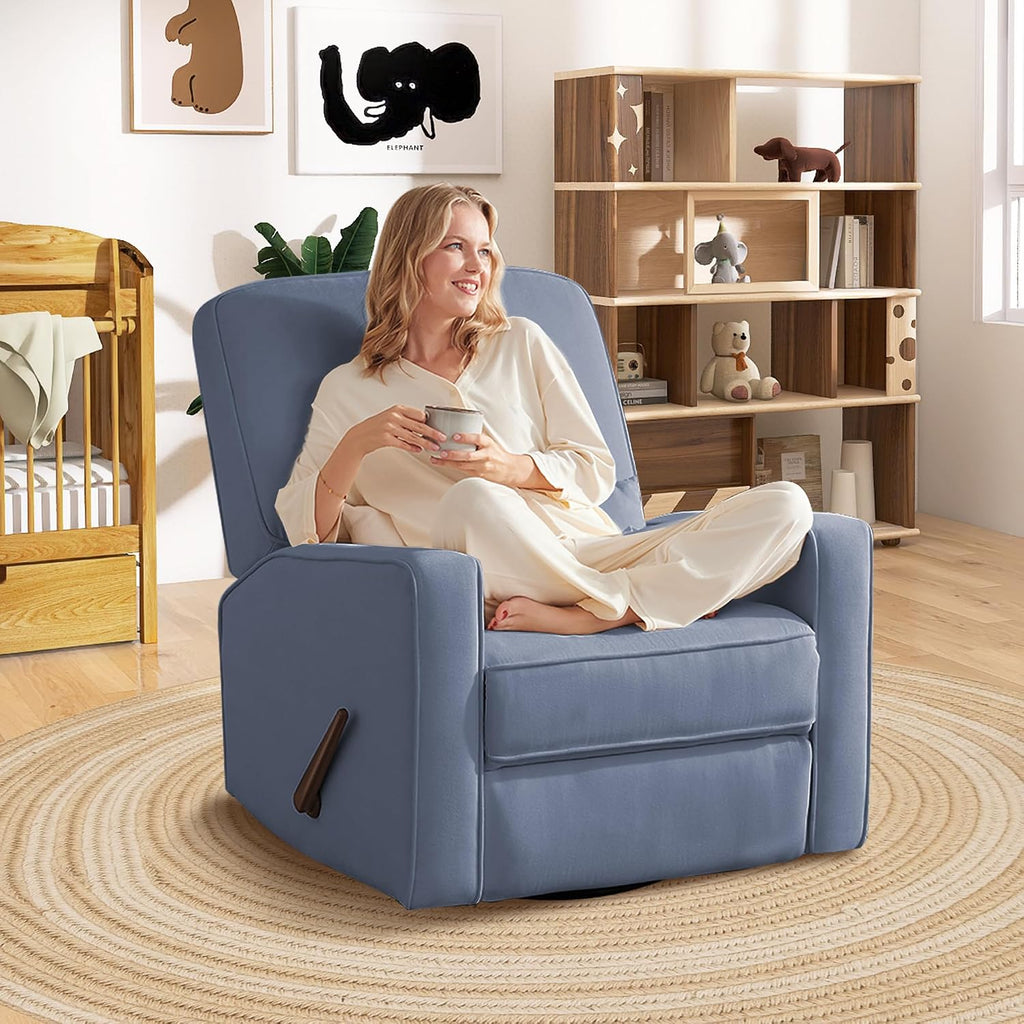 Tbfit Nursery Rocking Chair,360°Swivel Recliner Chair with Lumbar Support for Bedroom, Comfy Upholstered Armchair with Pillows & Footrest for Living Room & Baby Room
