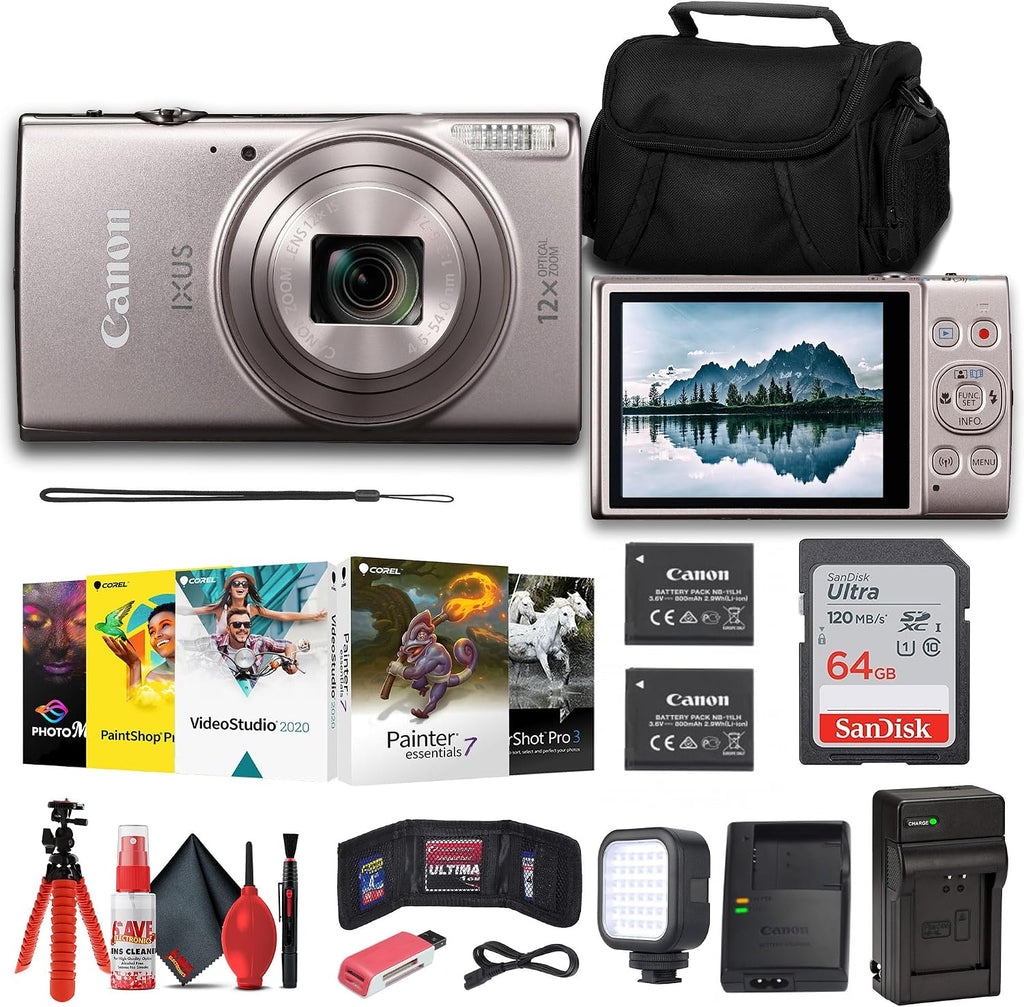 Canon PowerShot IXUS 285 HS 12X Optical Zoom Digital Camera (Silver) (1079C001) + NB11L Battery + 64GB Memory Card + Corel Photo Software + Case + Charger + LED Light + Card Reader + More