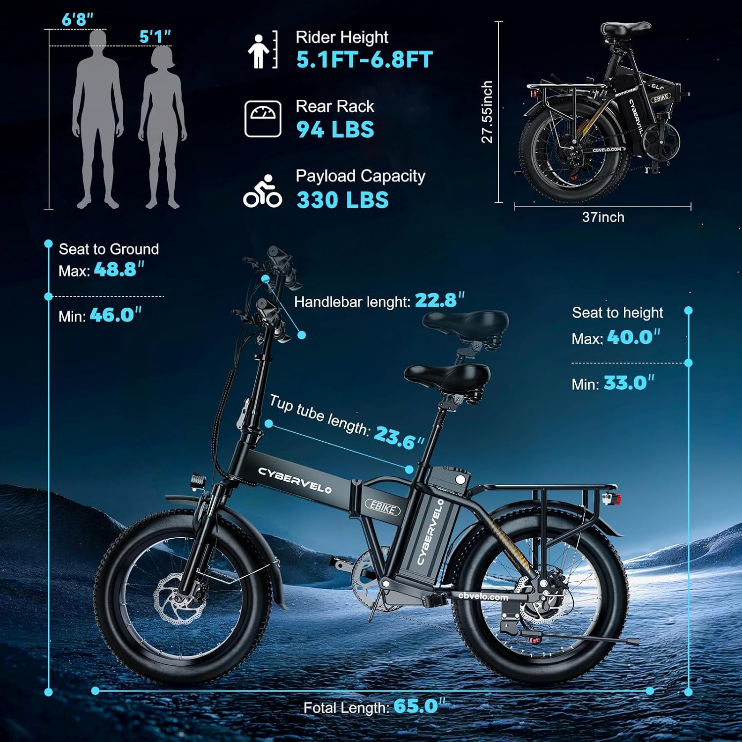 YorkE 1000W Folding Electric Bike, 48V 20AH Large Removable Battery E Bike, 30+MPH, 80 Miles Max Range, 20' Fat Tire Electric Bike for Adults, Adult Electric Bicycles for Commute, 7-Speed