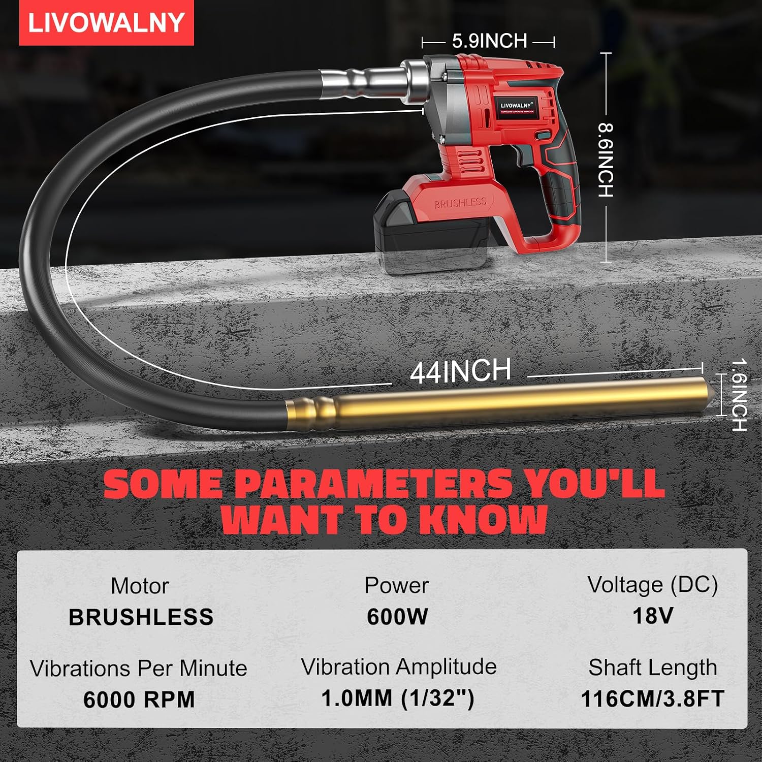 LIVOWALNY Handheld Concrete Vibrating Tool Compatible with Milwaukee 18V Battery (No Battery), 600W Cordless Electric Concrete Vibrator with 3.8ft Shaft Rod, 6000RPM Portable Vibrarator Remove Bubble