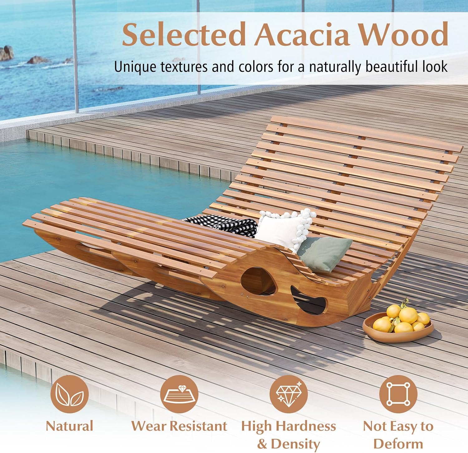Giantex Extra-Large Dual Outdoor Rocking Chair, Acacia Wood Patio Lounge Chair with Ergonomic Curved & Slatted Seat, Bottom Stopper, 63'x47'x26' Lounger, 2-Person Loveseat, Rocker for Porch, Yard (1)