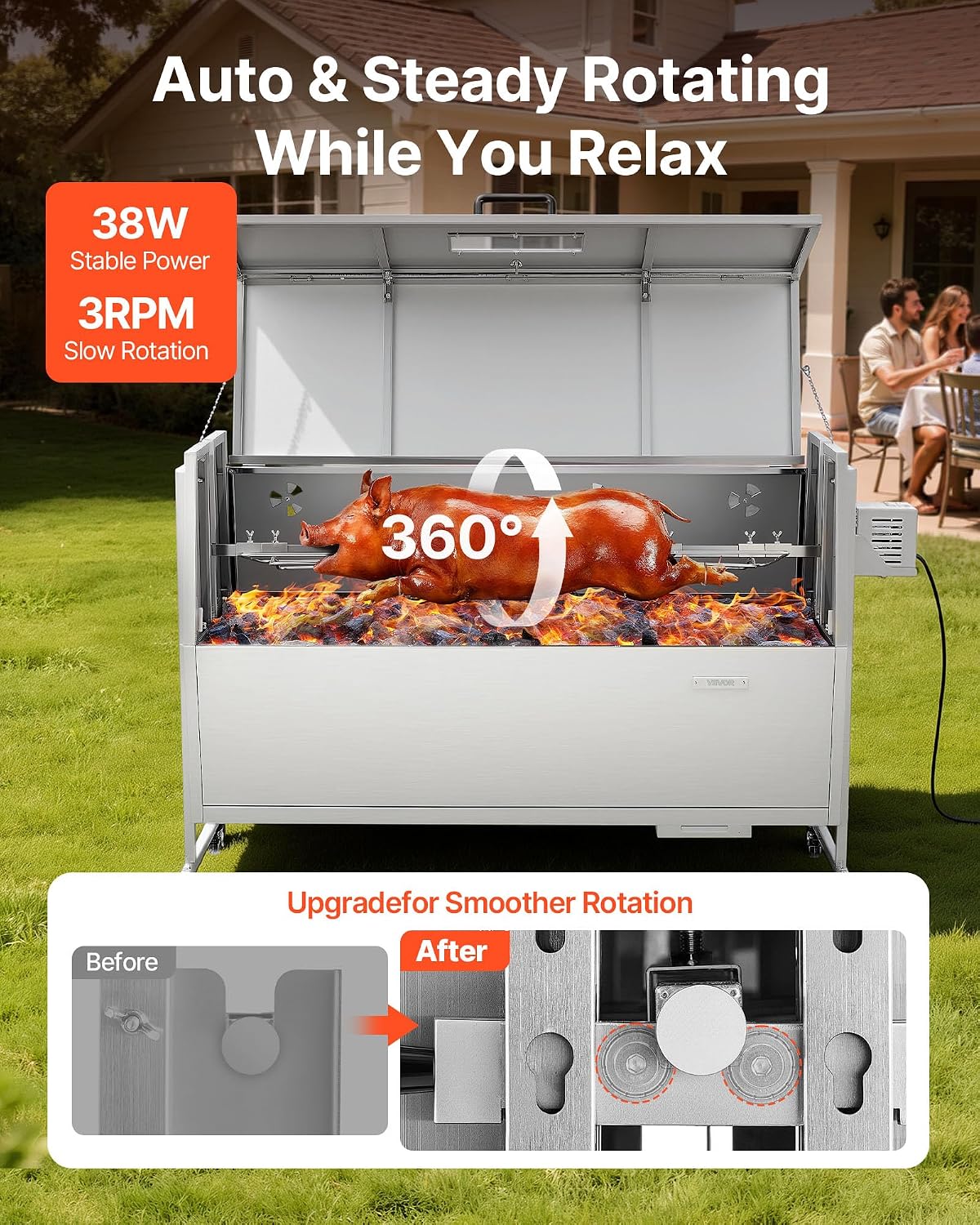VEVOR Rotisserie Grill, 52in BBQ Outdoor Pig & Lamb Spit Roaster, Charcoal Spit Roaster with 132 LBS Capacity, Wheels, 4-Level Height, Stainless Steel Electric Rotisserie Grill Kit for Camping Outdoor