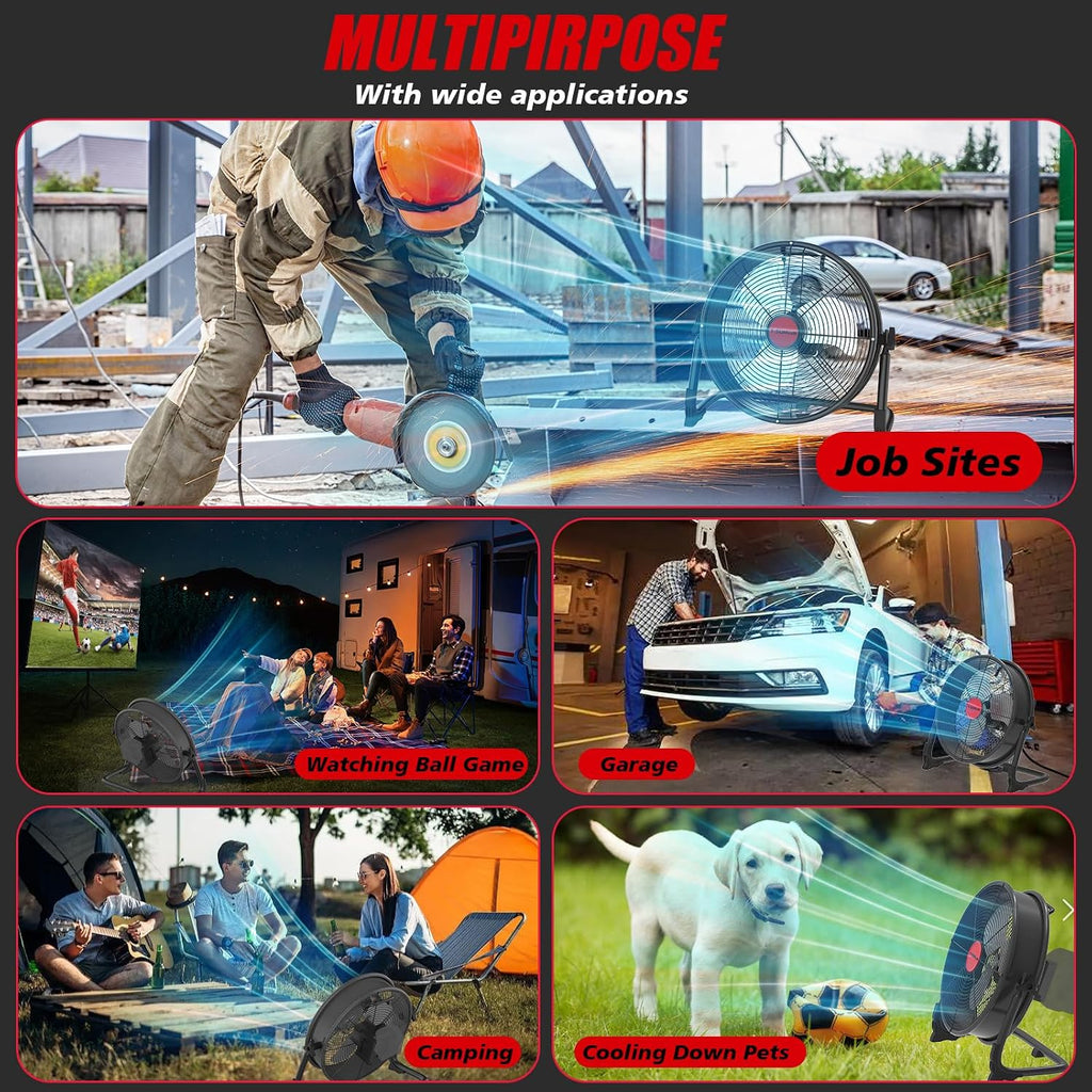 16' Battery Operated Floor Fan Compatible with Milwaukee M18 18V Battery, Portable Fan with AC Adapter and USB Output, Metal Industrial High Velocity, Stepless Speed Cordless Fan for Jobsite Garage