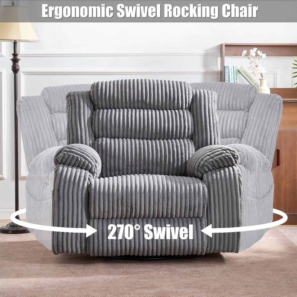 SINCRUMI Power Swivel Rocker Recliner Chair for Adults with Massgae and Heat, USB and Type-C Charging Port, Infinite Position, Electric Glider Rocking Chairs for Living Room, Nursery, Grey