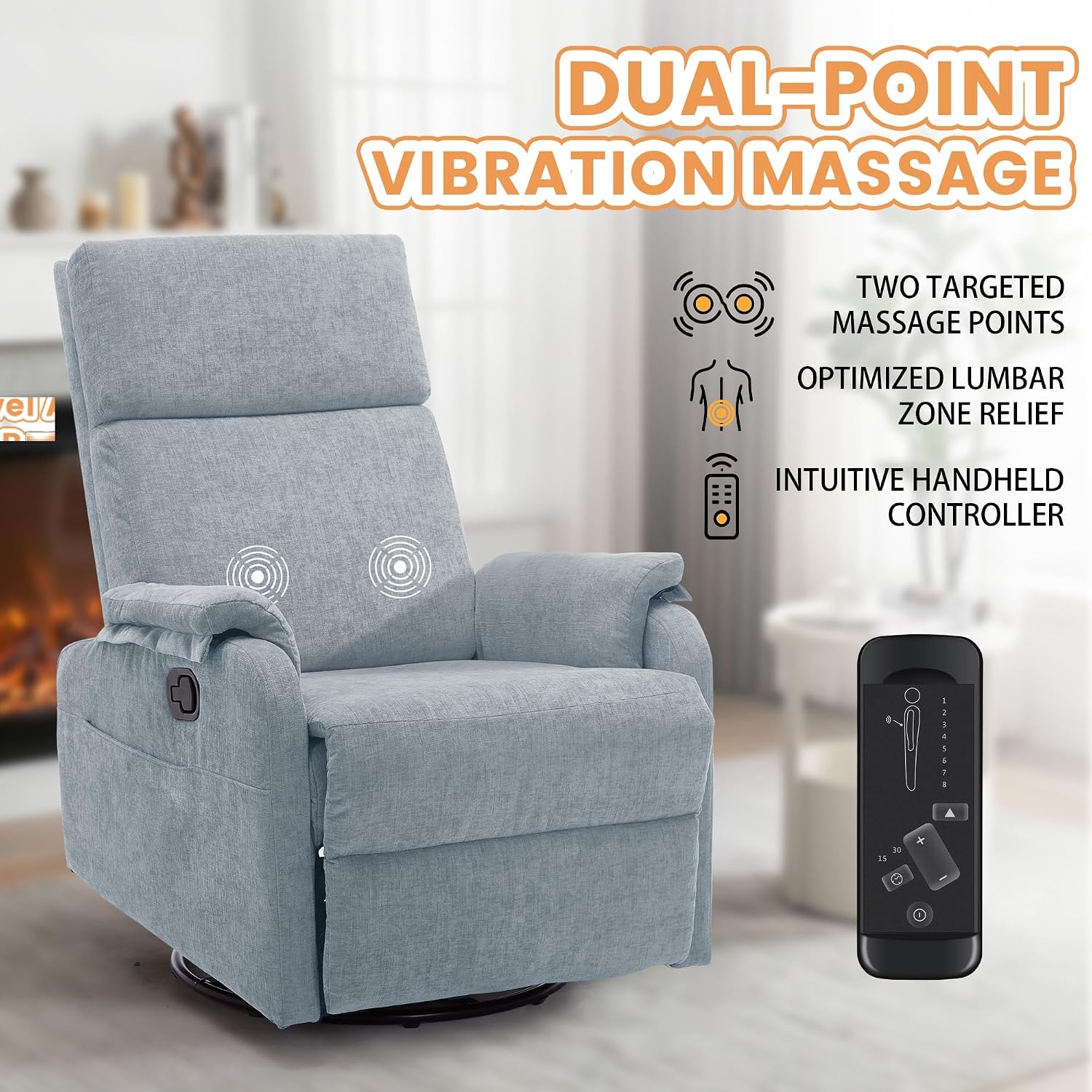 Korser Swivel Rocking Recliner with Massage, Small Glider Chair for Nursery, Modern-Designed Armrests Chair for Adults Living Room, Chenille, Blue