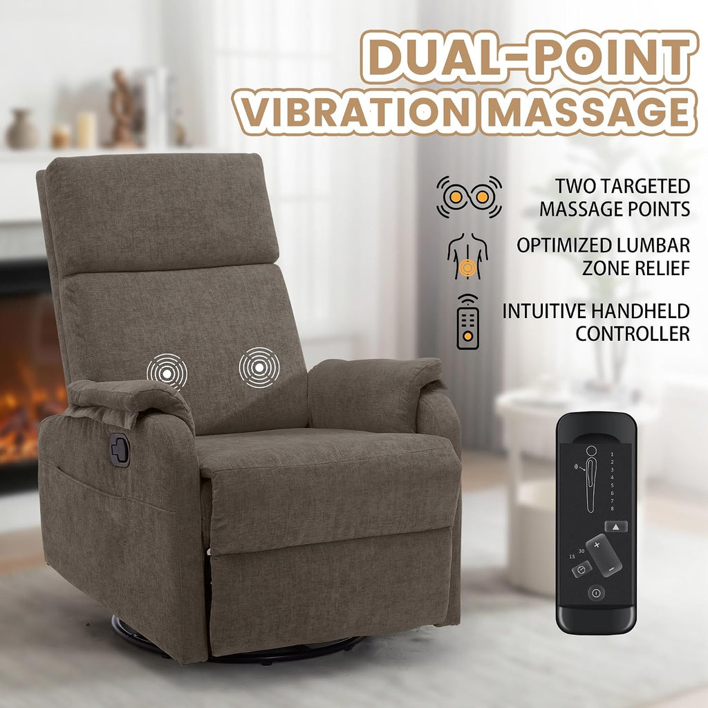 Korser Swivel Rocking Recliner with Massage, Small Glider Chair for Nursery, Modern-Designed Armrests Chair for Adults Living Room, Chenille, Brown