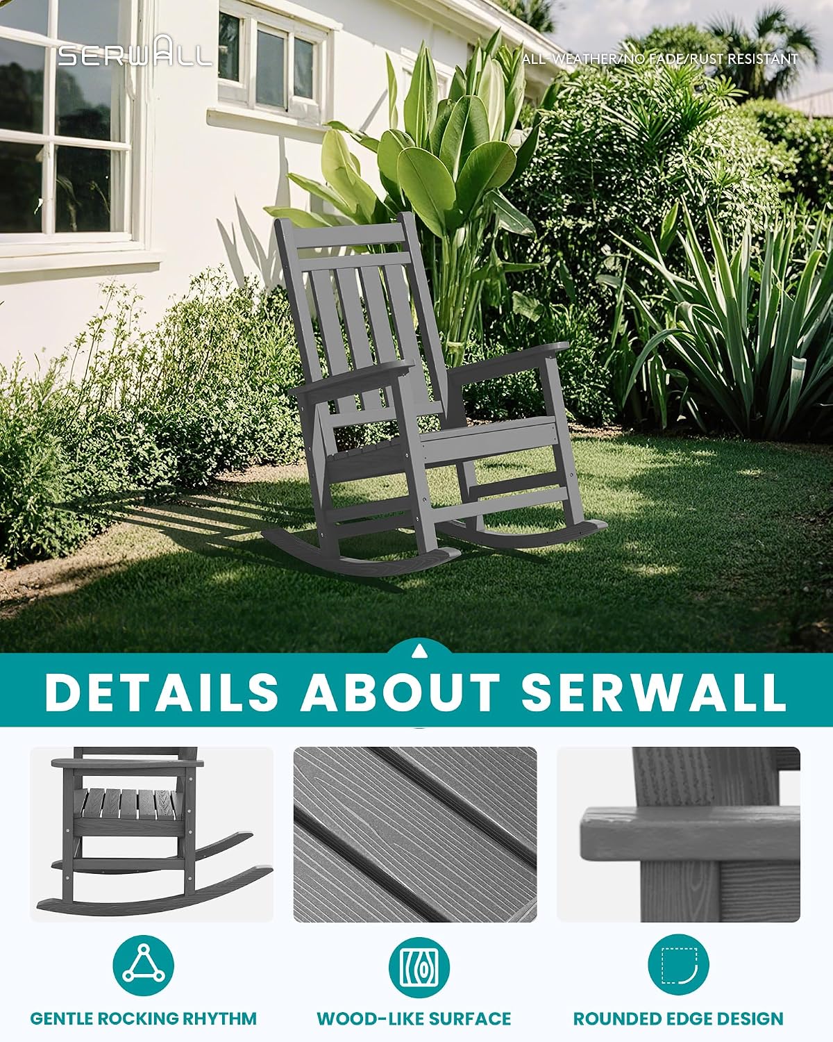 SERWALL Oversized Outdoor Rocking Chair Set of 4, HDPE Rocker for Adults, Patio Rocking Chairs for Porch, Grey