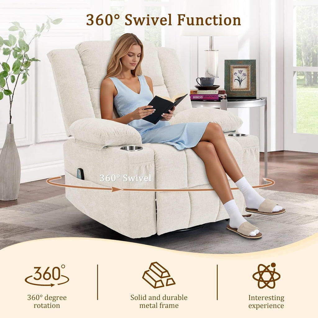 Korser 360° Swivel Rocker Recliner for Adults, Nursery Glider Recliner with Massage and Heating, Rocking Chair with Cup Holder, Manual Recliner Chair for Living Room, Bedroom (Fabric, Beige)
