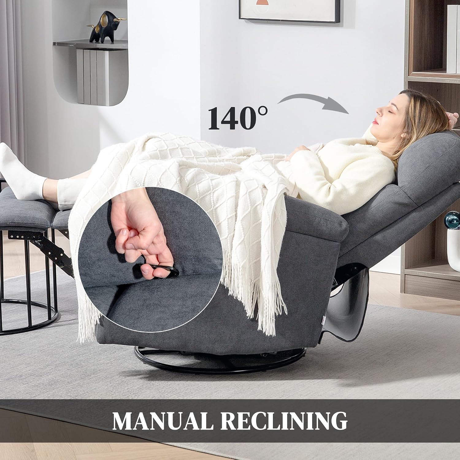 HOMCOM Swivel Rocker Recliner Chair, Wide Glider Rocking Single Sofa with Pocket Spring, Footrest, Modern Fabric Overstuffed Reclining Chair for Living Room, Bedroom, Quick Assembly, Gray